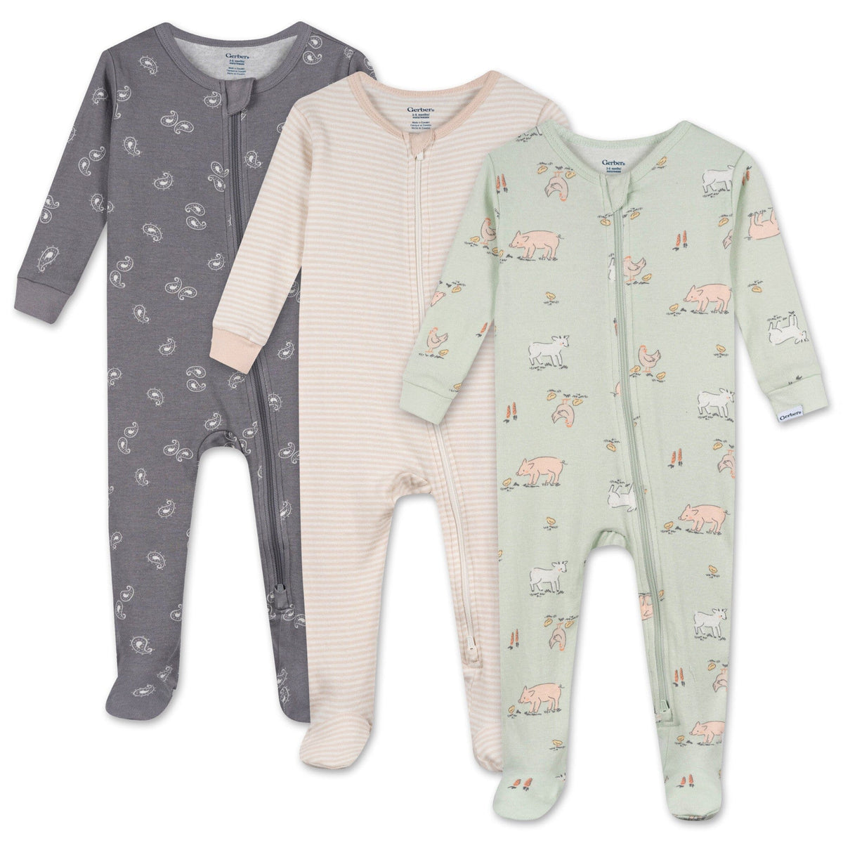 3-Pack Baby & Toddler Neutral Farm Snug Fit Footed Pajamas sleepwear Gerber® 