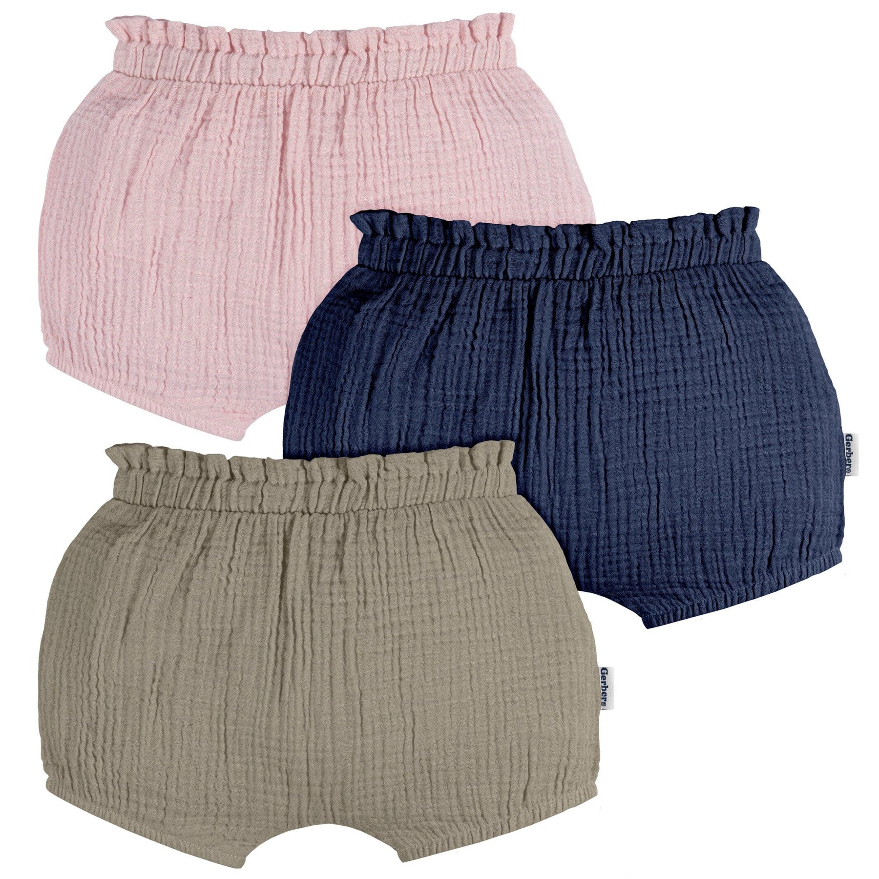 3 Pack Baby Girls Pink Navy Olive Gauze Bubble Shorts Gerber 3-pack-baby-girls-pink-navy-olive-gauze-bubble-shorts-gerber