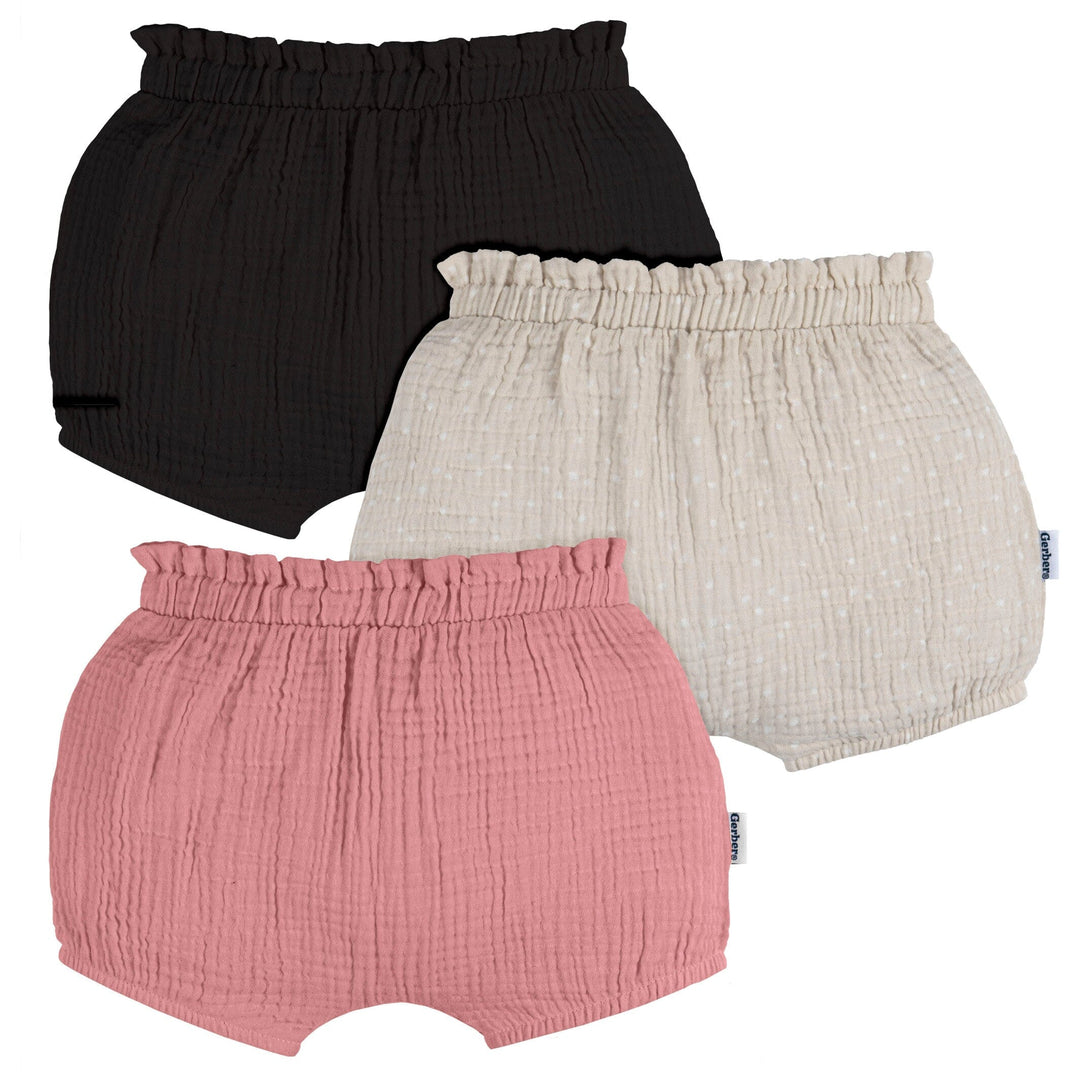 3-Pack Baby Girls Black, Tan Dot Pink Gauze Bubble Shorts