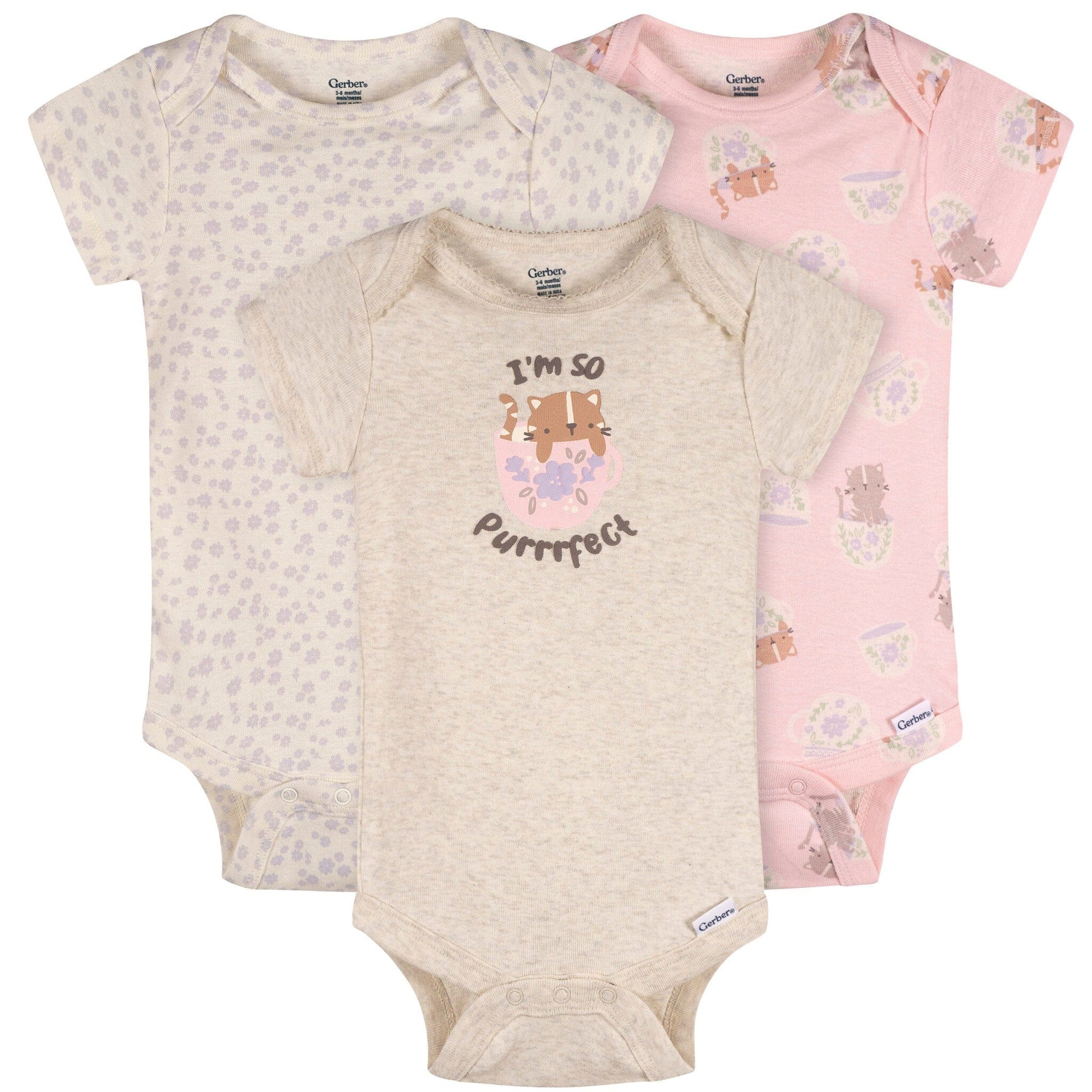 3-Pack Baby Girls Purrrfect Kittens Short Sleeve Onesies® Bodysuits Onesies Bodysuits Gerber® 