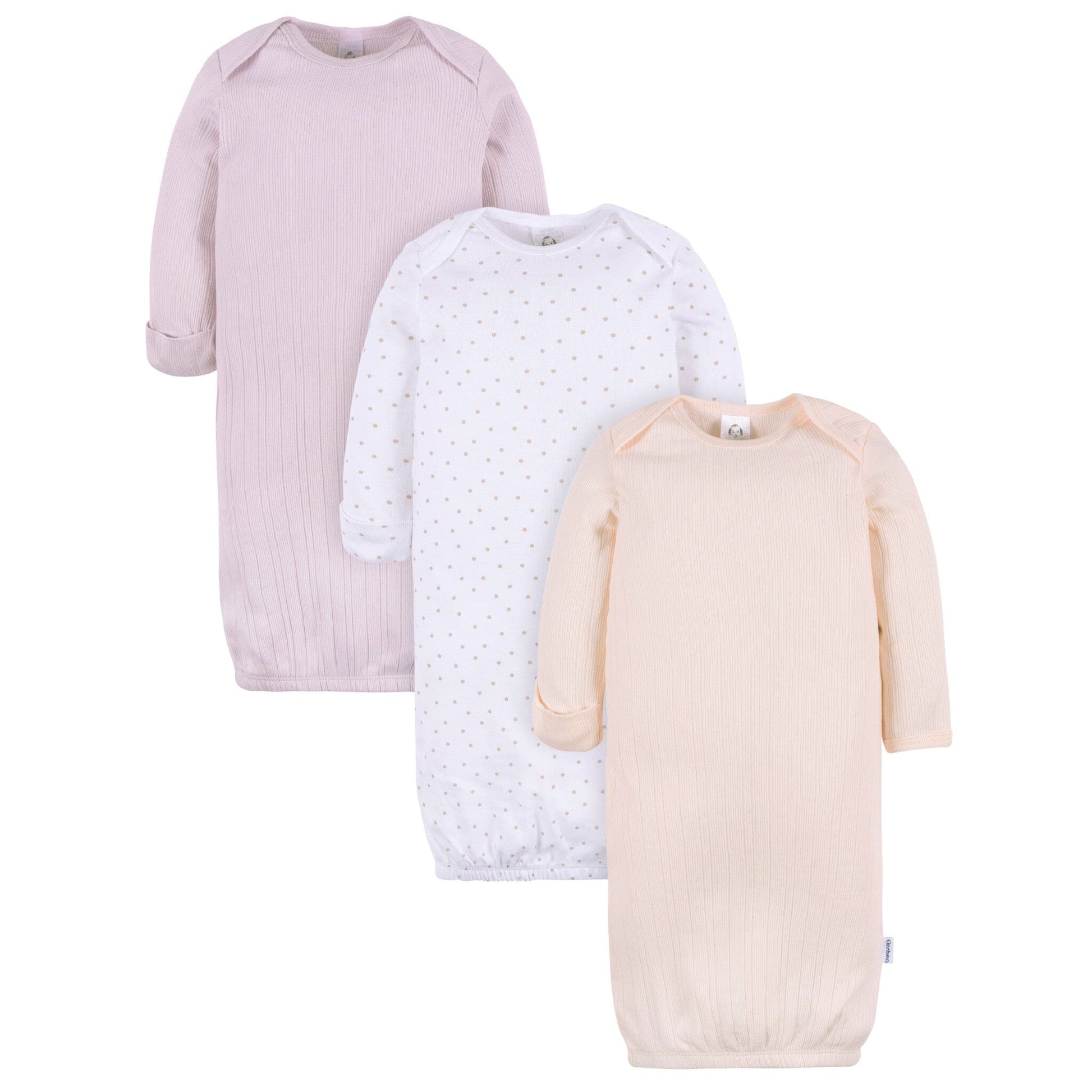 3-Pack Baby Girls Rosewater/Taupe Dot/Orchid Hus Lap Shoulder Gowns Sleepwear Gerber® 