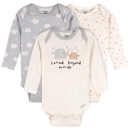 3-Pack Baby Neutral Elephant Love Long Sleeve Onesies® Bodysuits