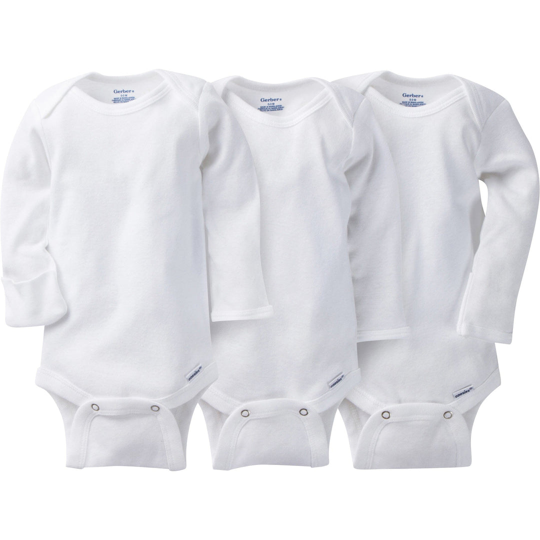 3-Pack Baby Neutral White Long Sleeve Organic Onesies® Bodysuits with Mitten Cuffs