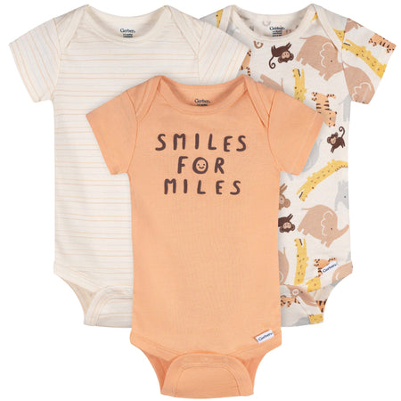 3-Pack Baby Neutral Smiles For Miles Short Sleeve Onesies® Bodysuits