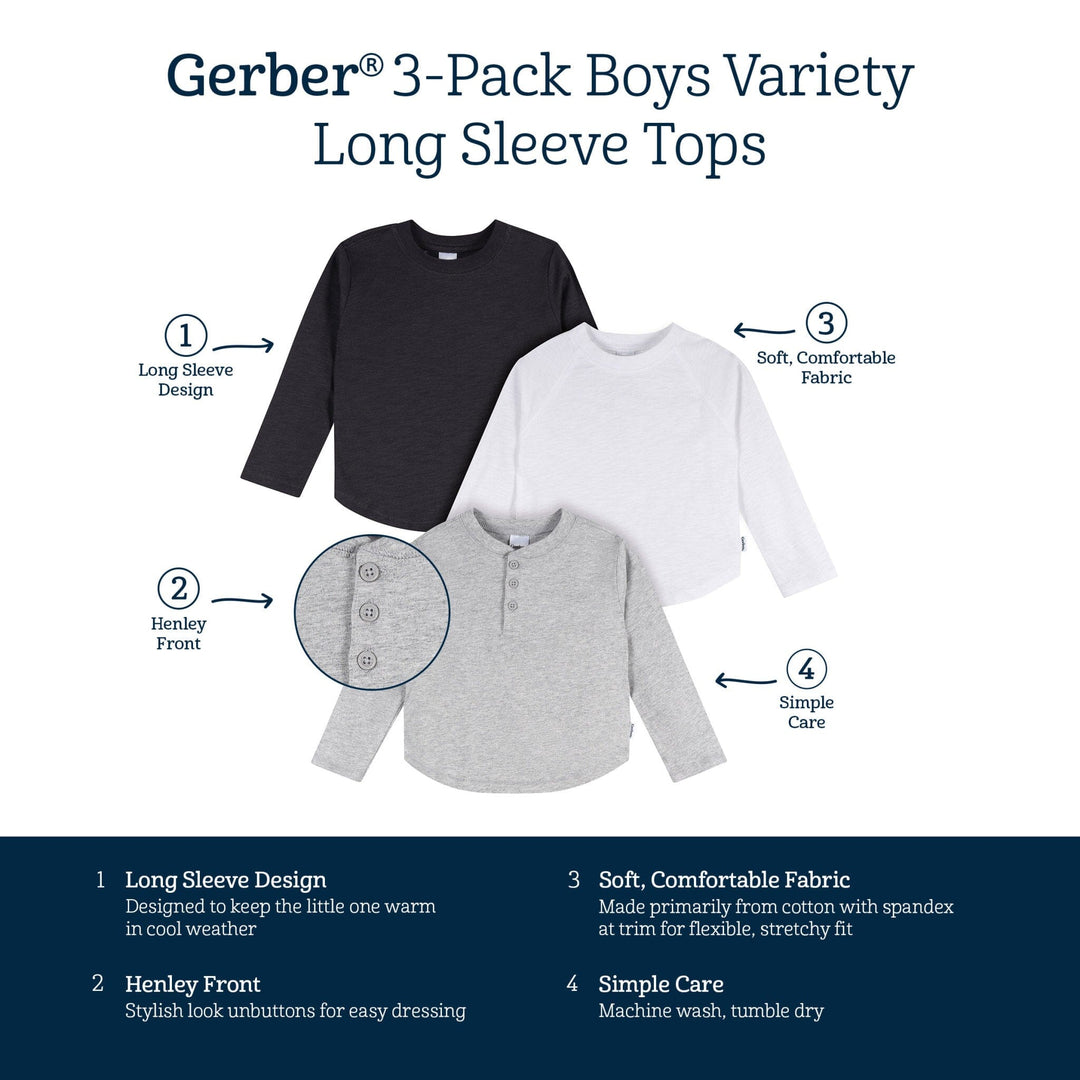 3-Pack Infant & Toddler Boys Black/White/Grey Long Sleeve Shirts Tops Gerber® 