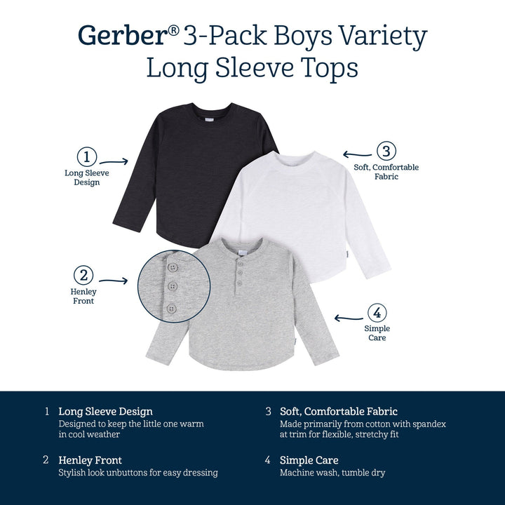 3-Pack Infant & Toddler Boys Black/White/Grey Long Sleeve Shirts Tops Gerber® 