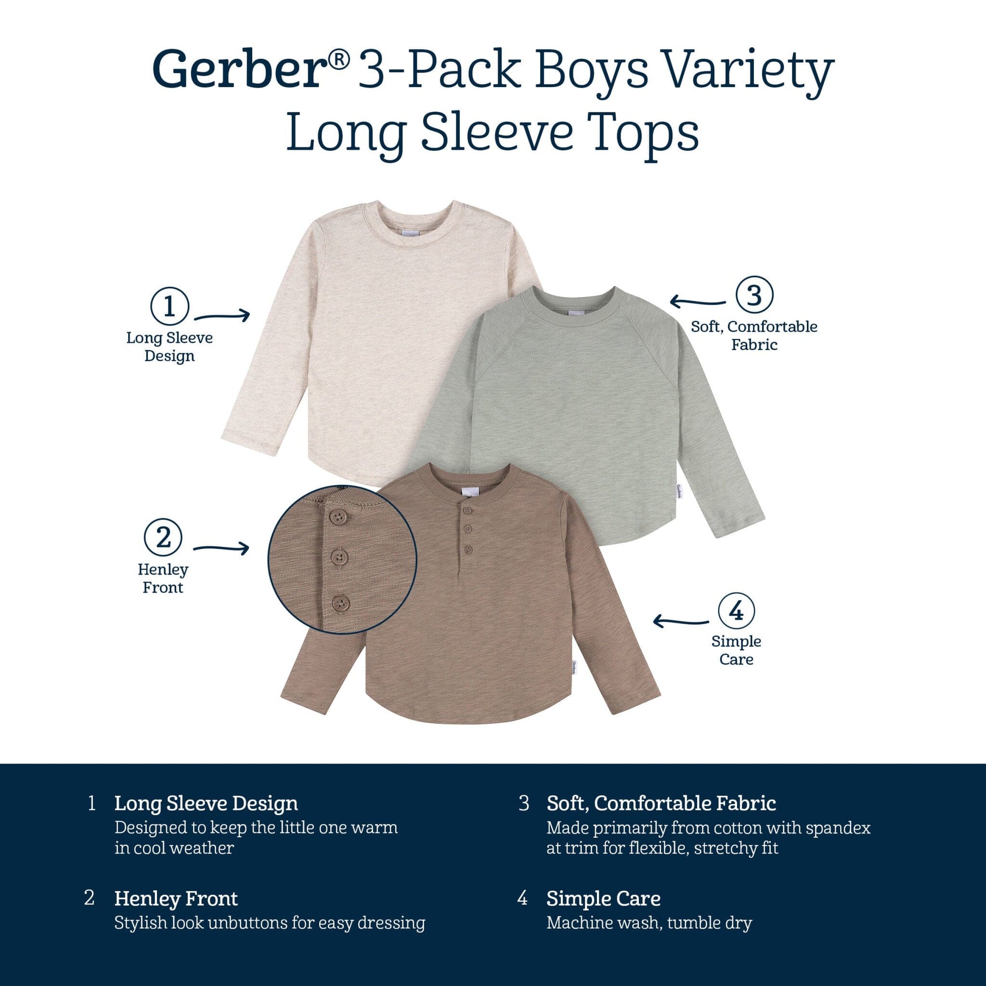 3-Pack Infant & Toddler Boys Green/Brown/Oatmeal Long Sleeve Shirts Tops Gerber® 