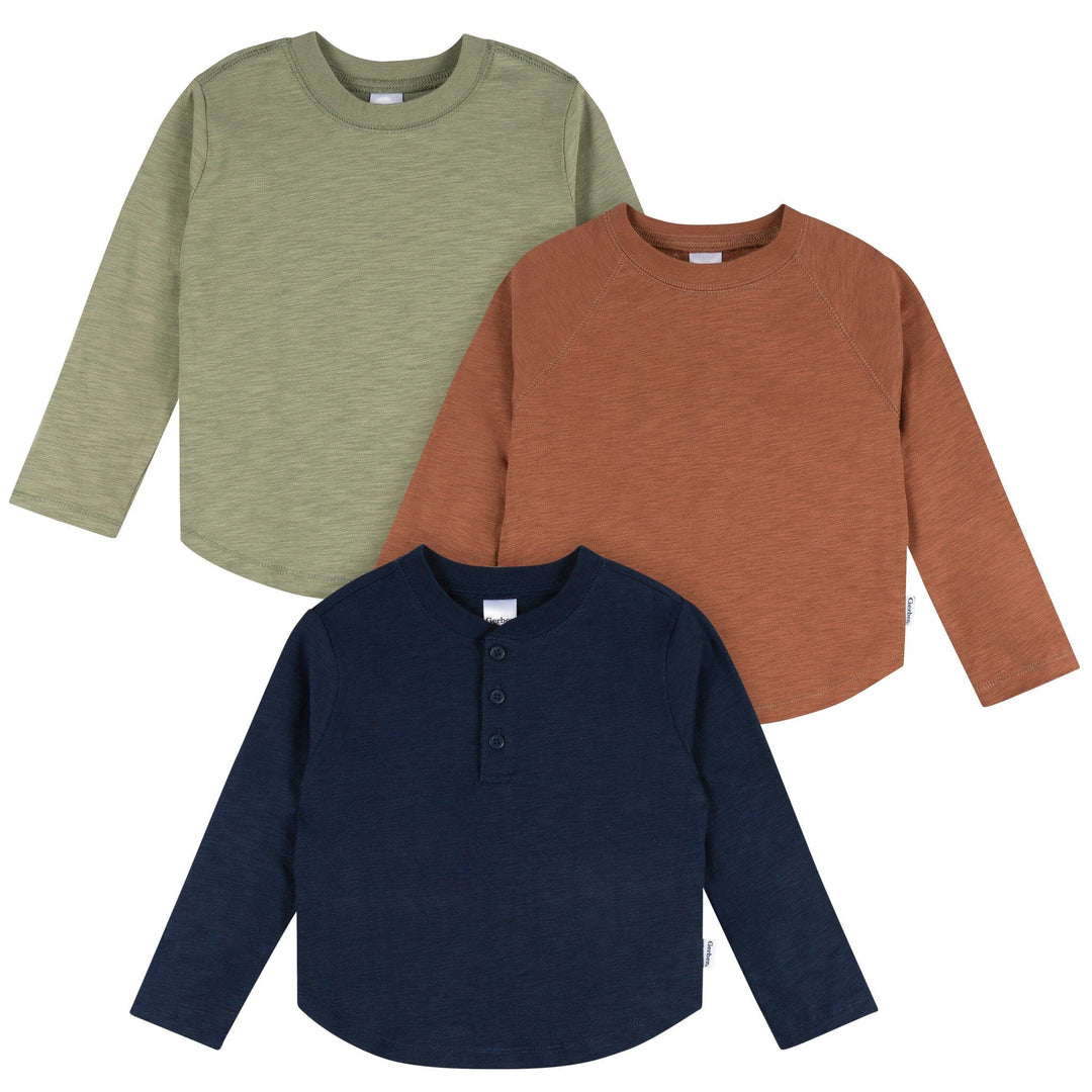 3-Pack Infant & Toddler Boys Green/Brown/Blue Long Sleeve Shirts Tops Gerber® 