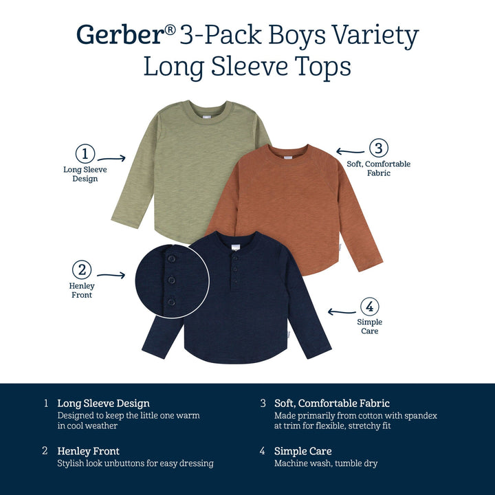 3-Pack Infant & Toddler Boys Green/Brown/Blue Long Sleeve Shirts Tops Gerber® 