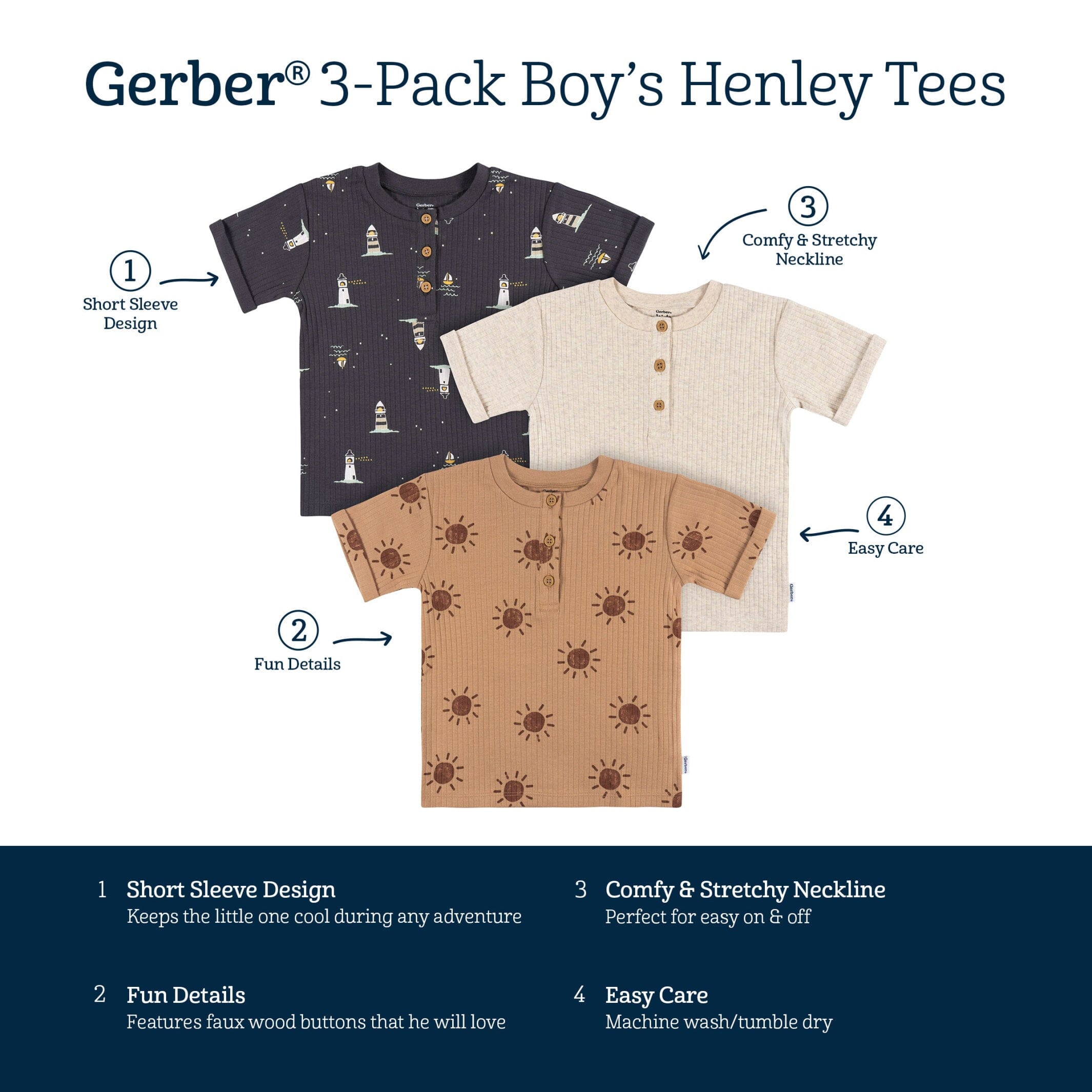 3-Pack Infant and Toddler Boys Sun Henley T-Shirts