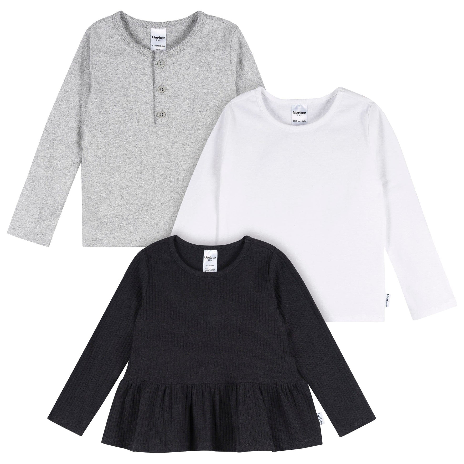 3-Pack Infant & Toddler Girls Black/White/Grey Long Sleeve Shirts Tops Gerber® 