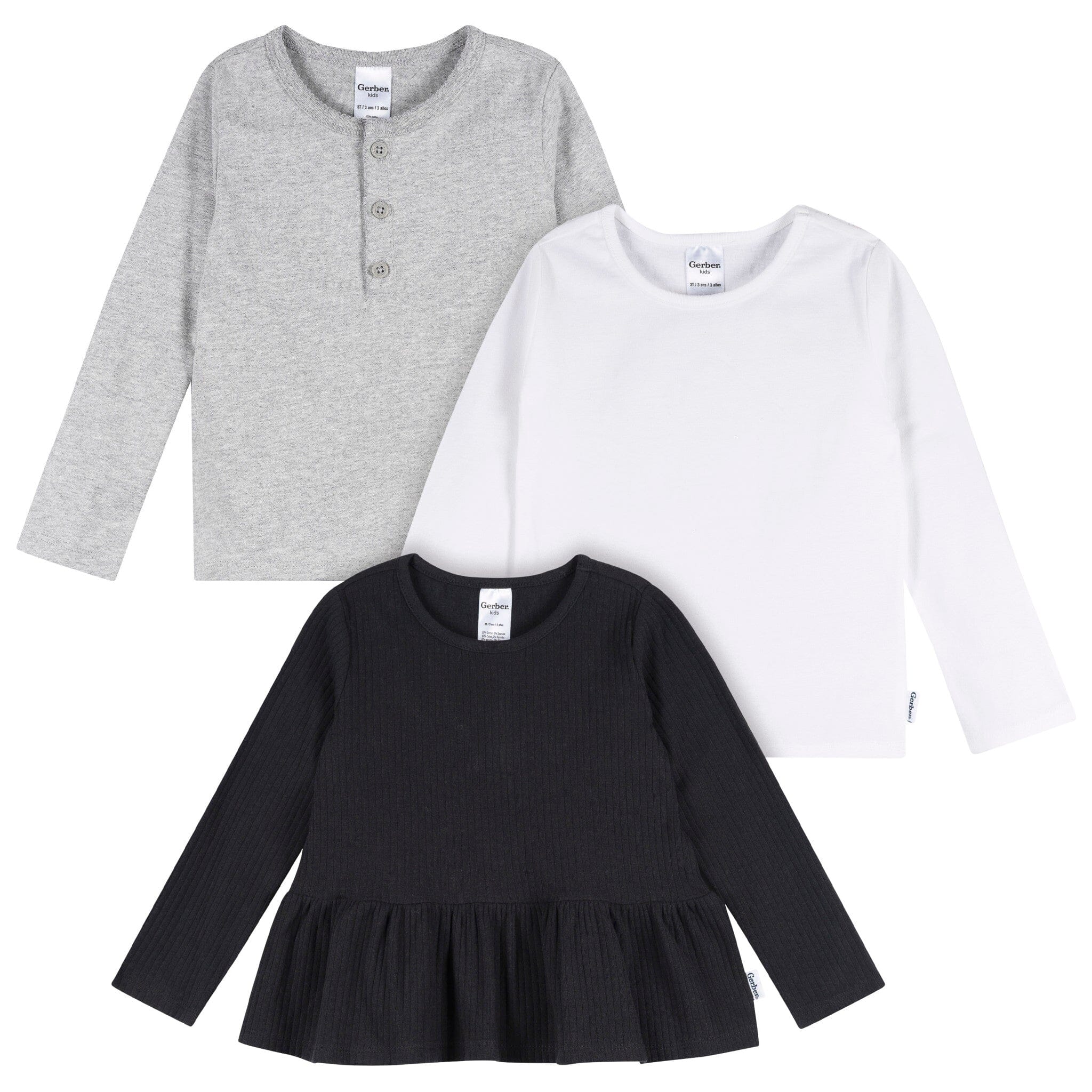 3-Pack Infant & Toddler Girls Black/White/Grey Long Sleeve Shirts Tops Gerber® 