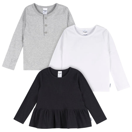 3-Pack Infant & Toddler Girls Black, White, & Grey Long Sleeve Shirts