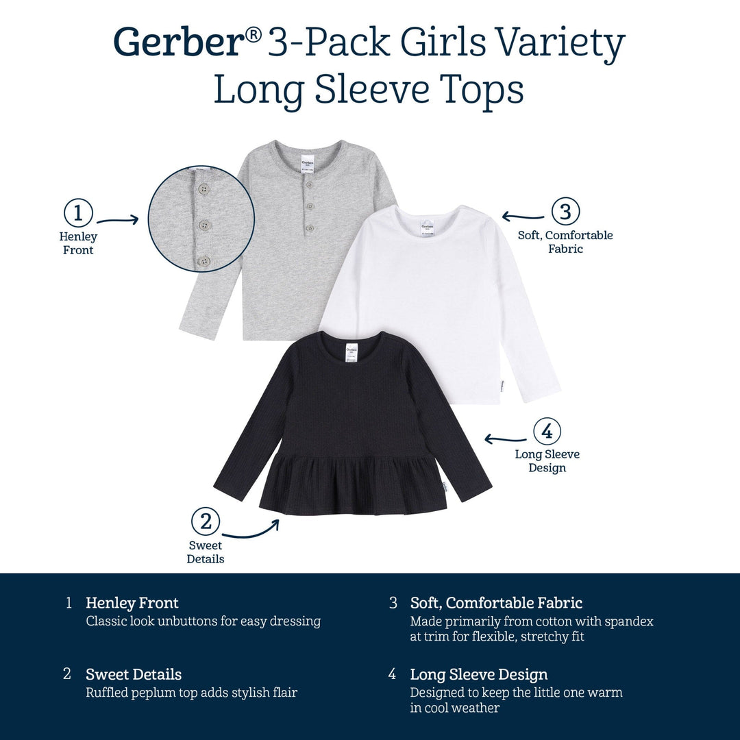 3-Pack Infant & Toddler Girls Black/White/Grey Long Sleeve Shirts Tops Gerber® 