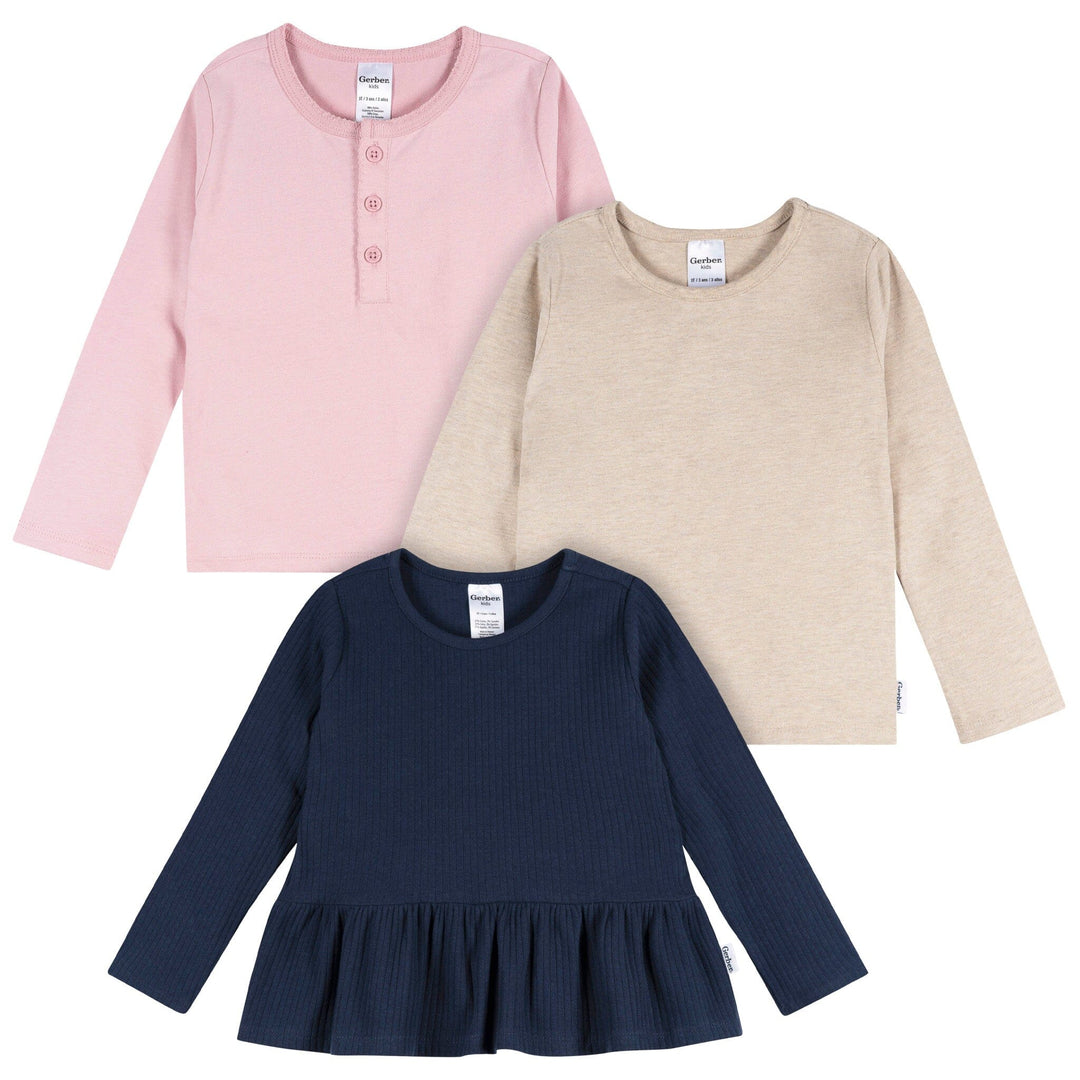 3-Pack Infant & Toddler Girls Navy/Oatmeal/Violet Long Sleeve Shirts Tops Gerber® 