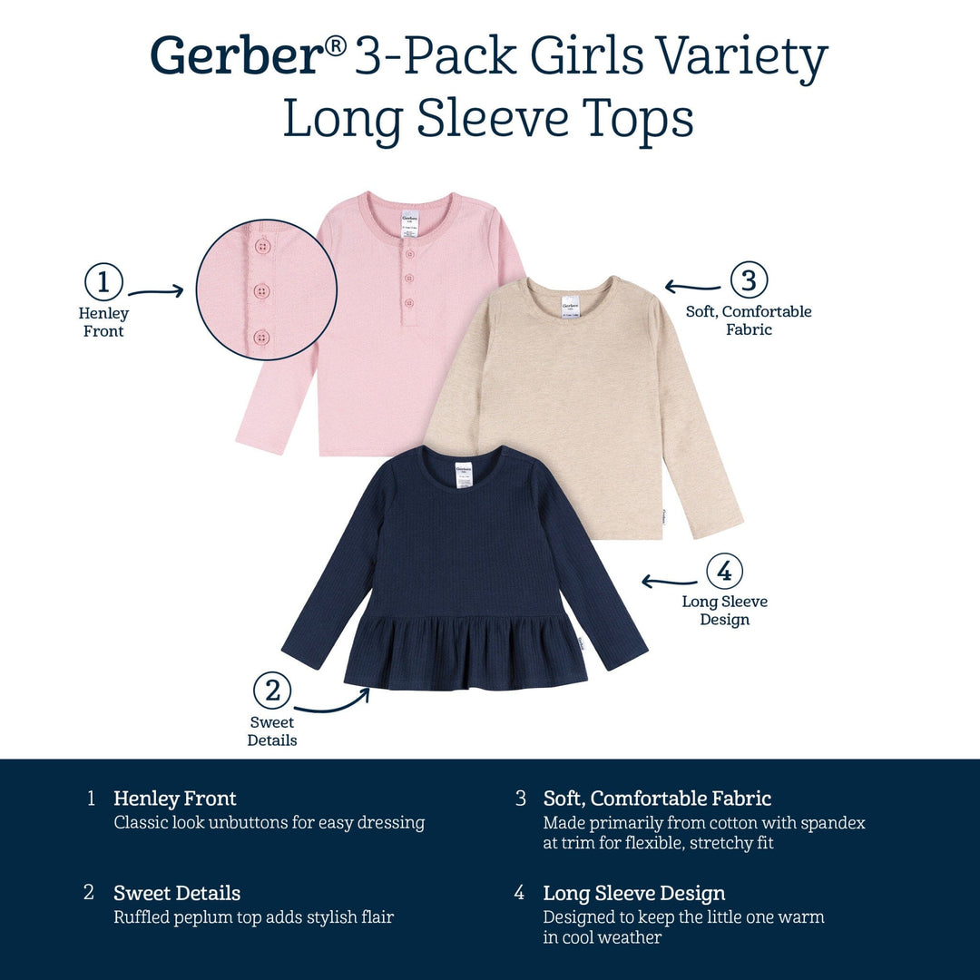 3-Pack Infant & Toddler Girls Navy/Oatmeal/Violet Long Sleeve Shirts Tops Gerber® 