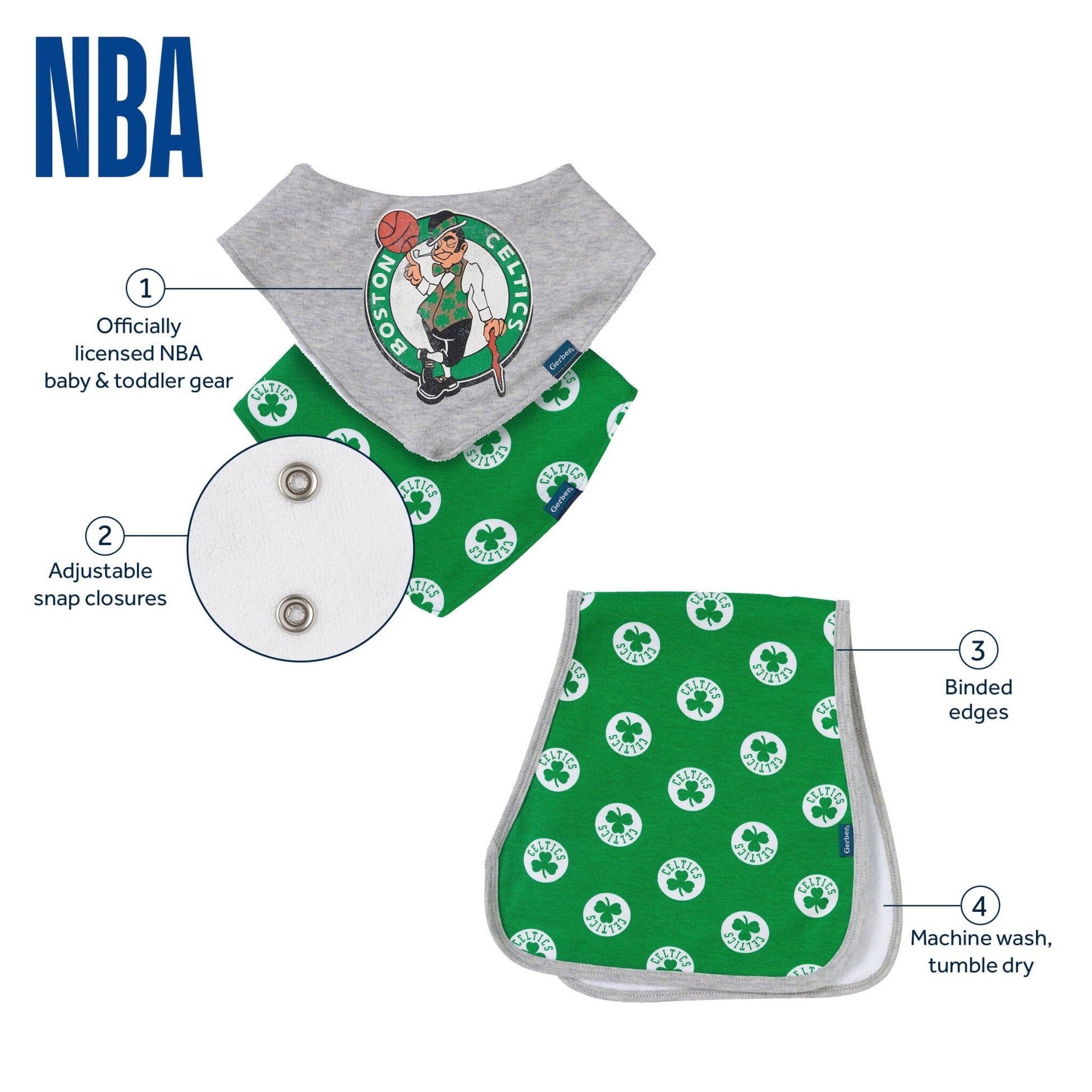 3-Piece Baby Neutral Boston Celtics Bandana Bib and Burp Cloth Set Accessories Gerber® 