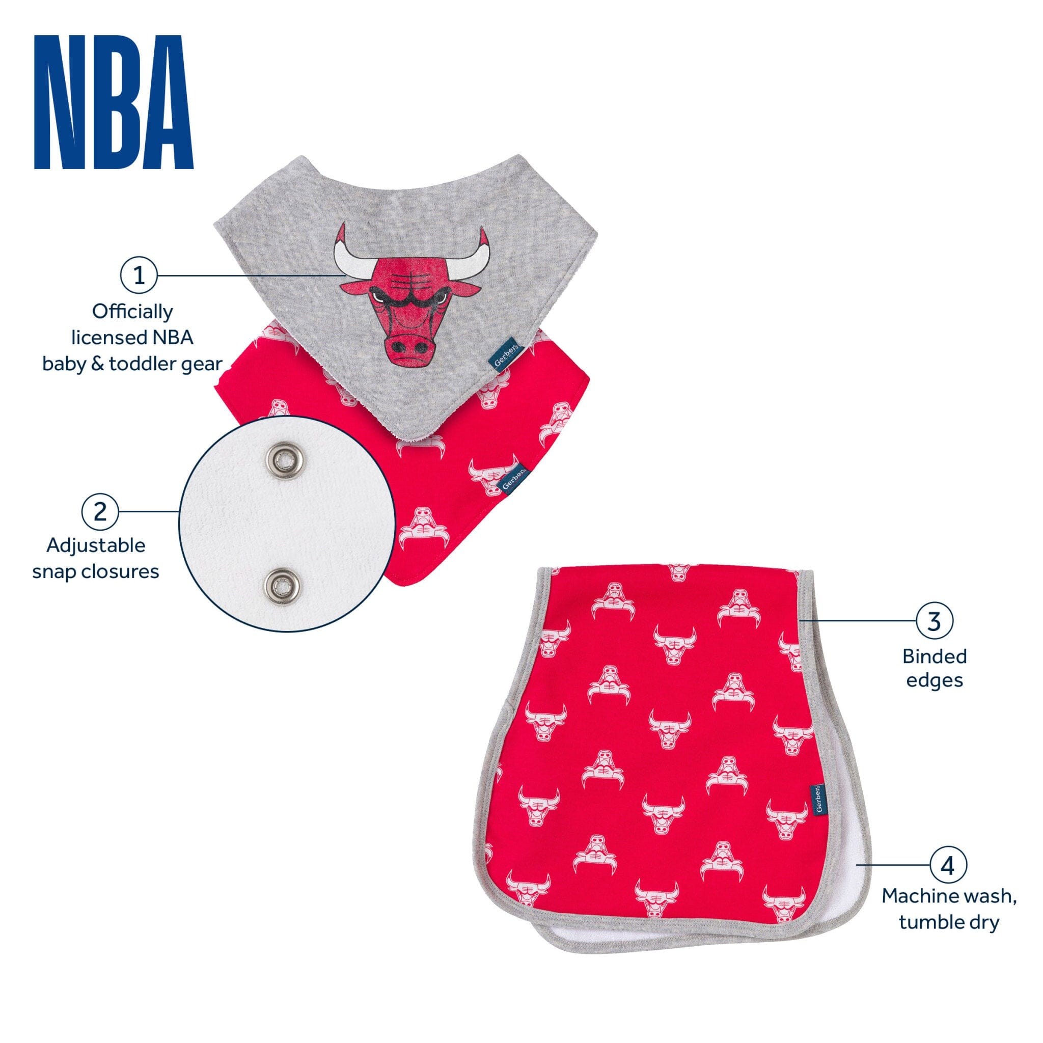 3-Piece Baby Neutral Chicago Bulls Bandana Bib and Burp Cloth Set Accessories Gerber® 