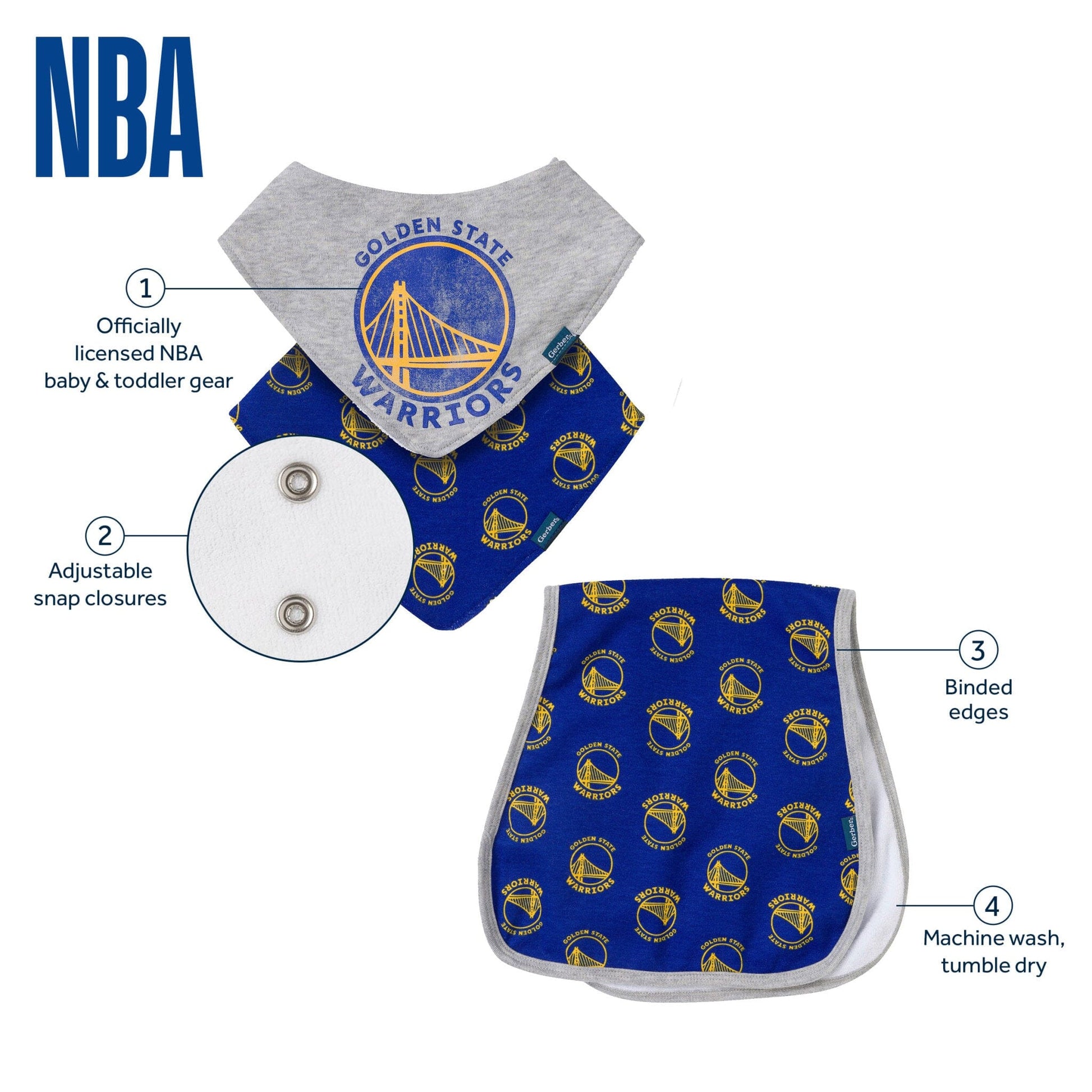 3-Piece Baby Neutral Golden State Warriors Bandana Bib and Burp Cloth Set Accessories Gerber® 