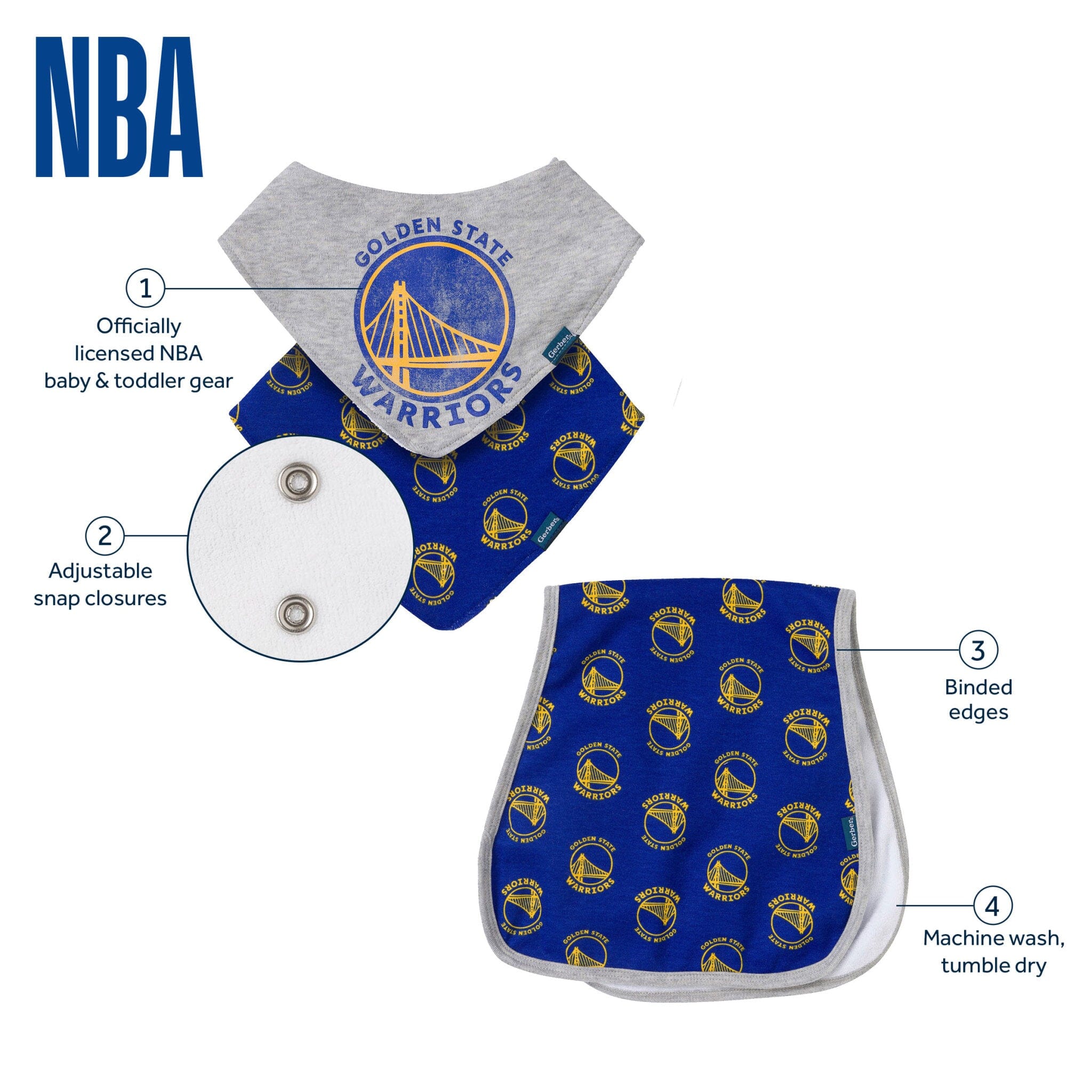 3-Piece Baby Neutral Golden State Warriors Bandana Bib and Burp Cloth Set Accessories Gerber® 