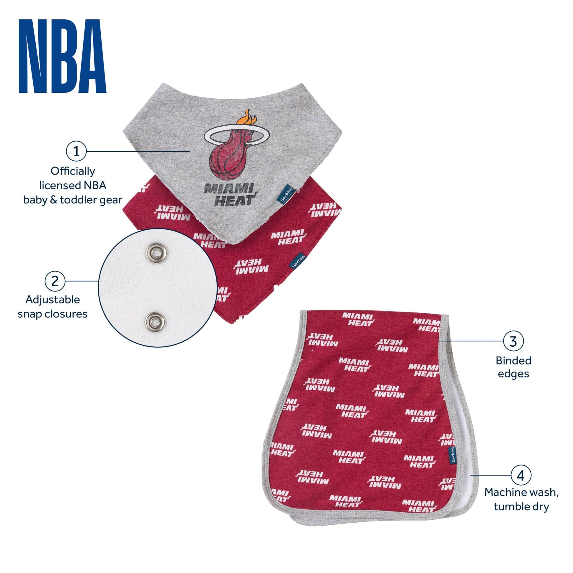 3-Piece Baby Neutral Miami Heat Bandana Bib and Burp Cloth Set Accessories Gerber® 
