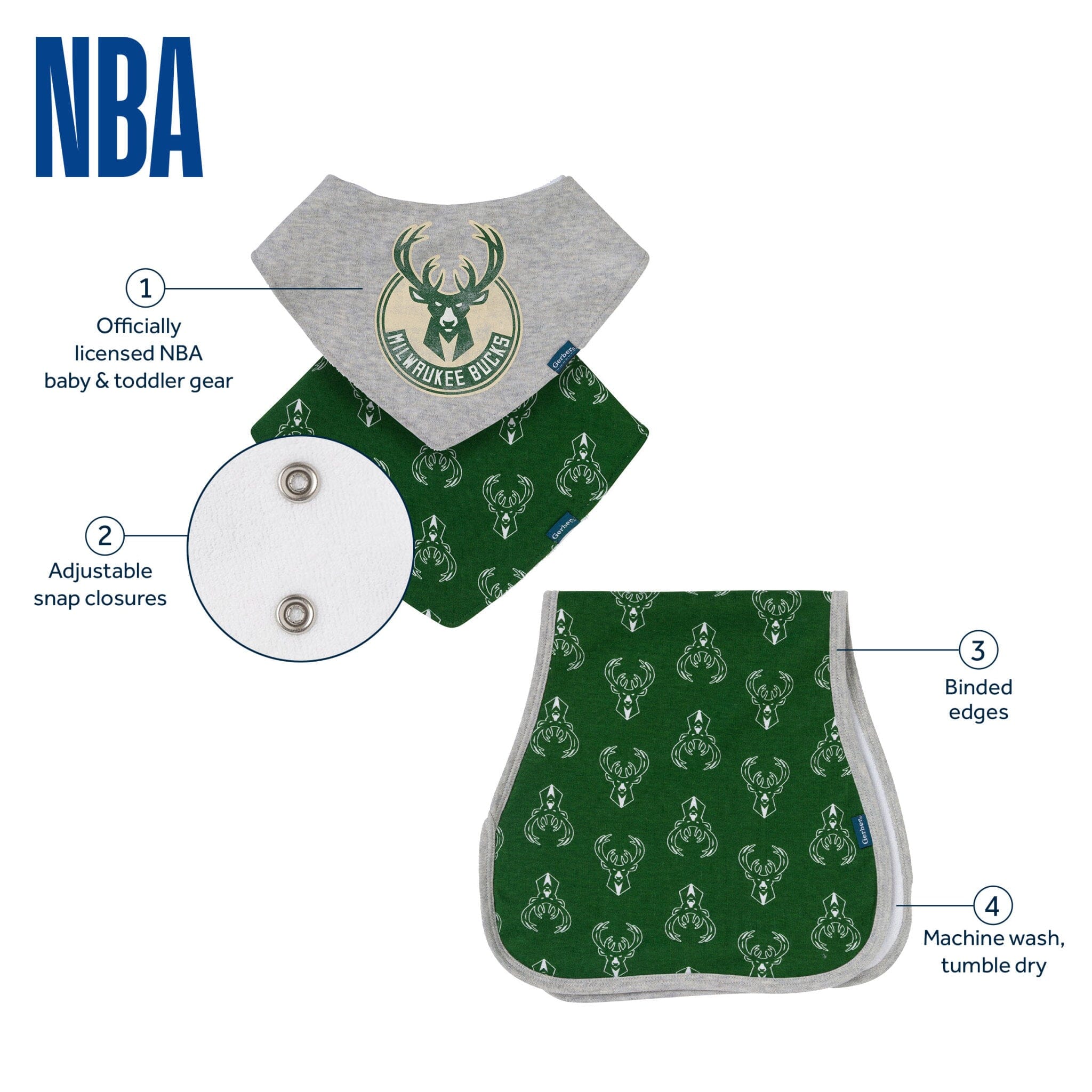 3-Piece Baby Neutral Milwaukee Bucks Bandana Bib and Burp Cloth Set Accessories Gerber® 