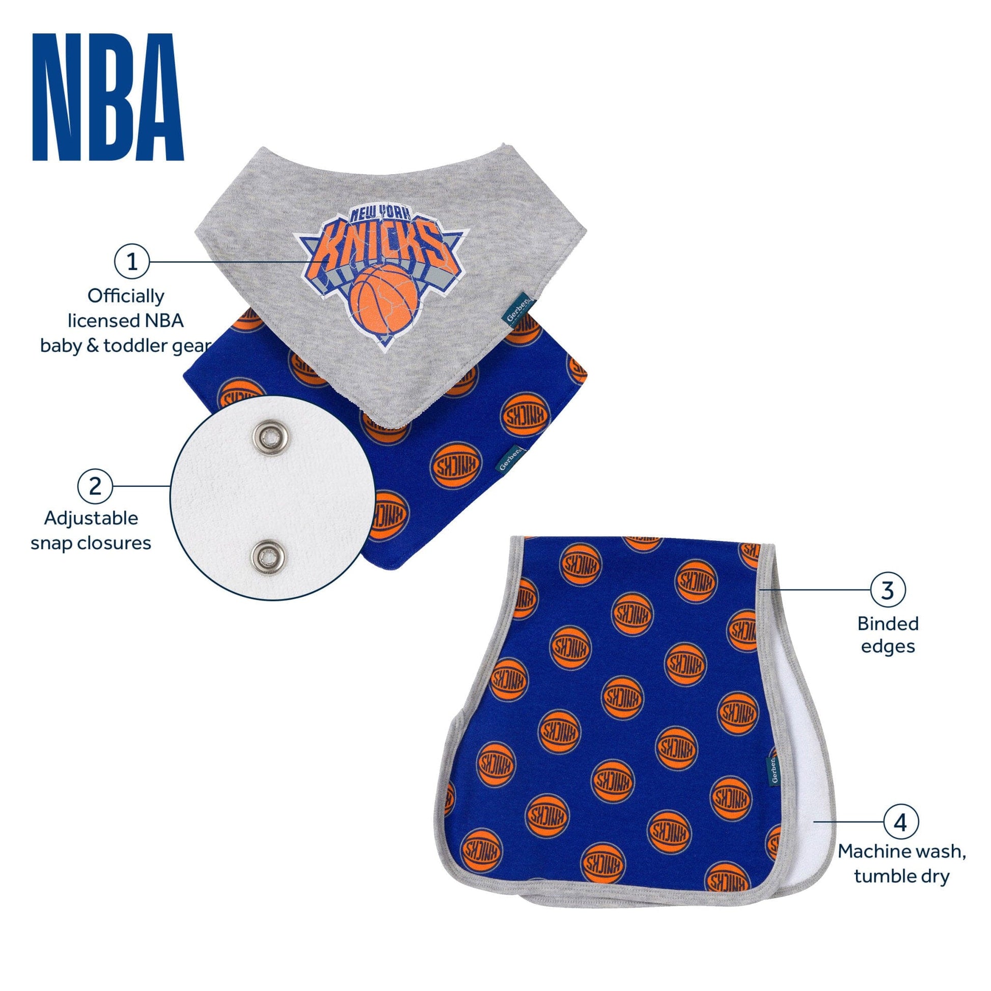 3-Piece Baby Neutral New York Knicks Bandana Bib and Burp Cloth Set Accessories Gerber® 