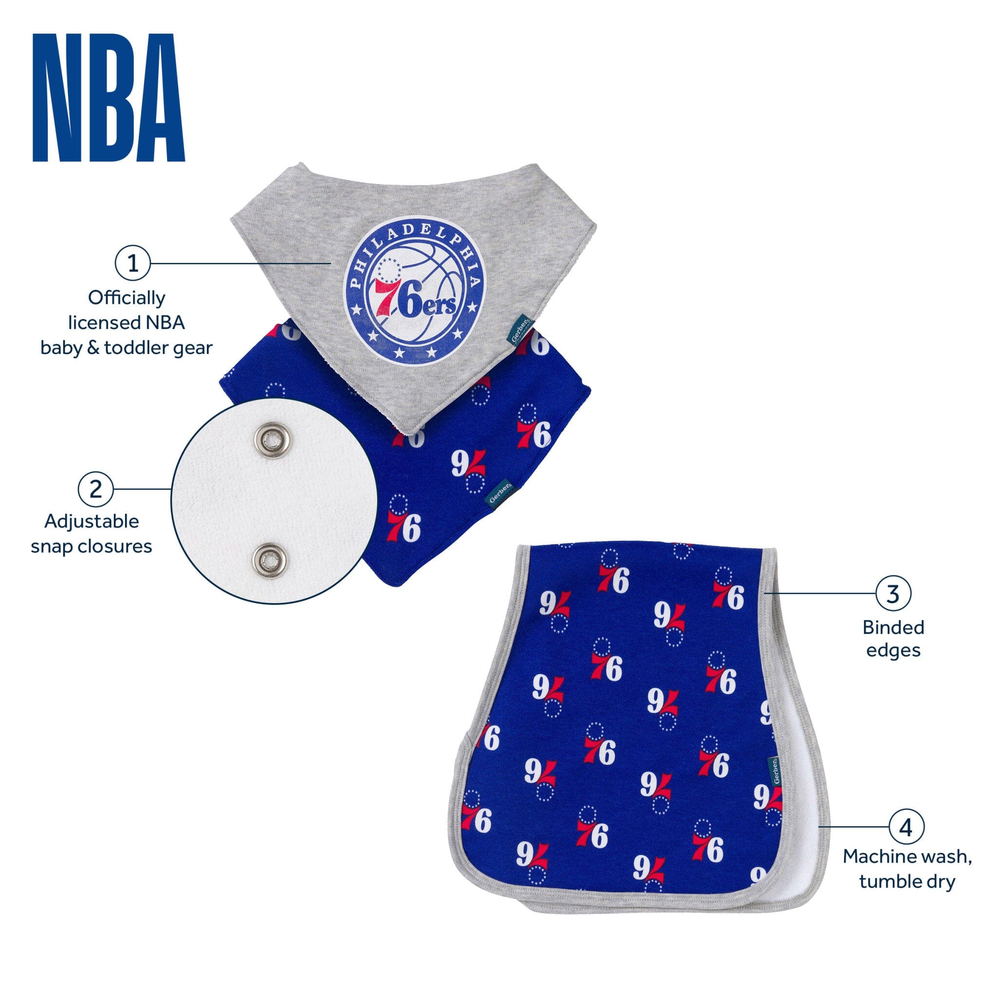 3-Piece Baby Neutral Philadelphia Sixers Bandana Bib and Burp Cloth Set Accessories Gerber® 