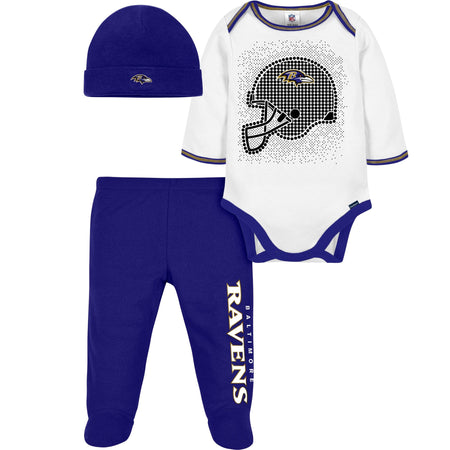3-Piece Baby Boys Baltimore Ravens Bodysuit, Footed Pant, & Cap Set