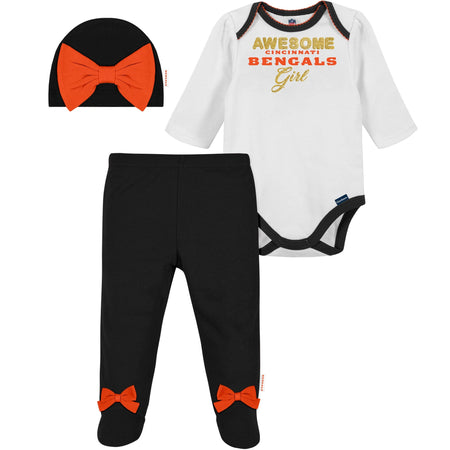 3-Piece Baby Girls Cincinnati Bengals Bodysuit, Footed Pant, & Cap Set