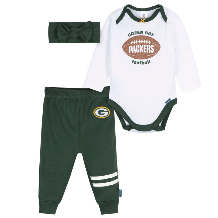 3-Piece Baby Girls Green Bay Packers Bodysuit, Pants & Headband Set Outfits & Sets NFL 