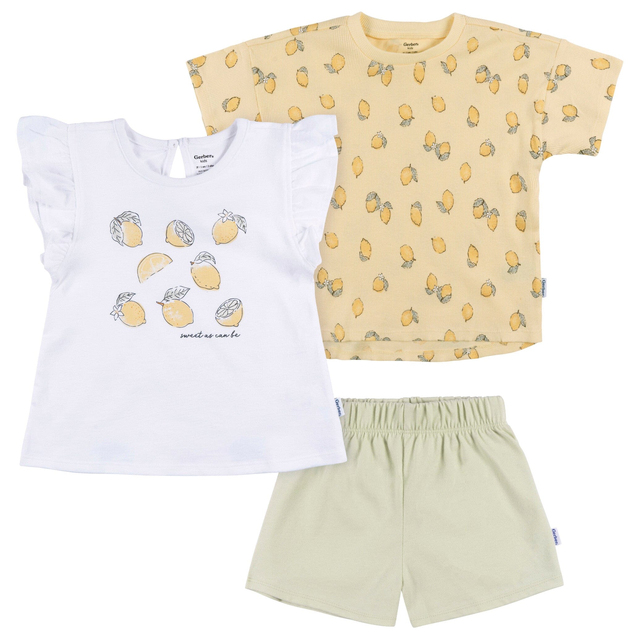 3-Piece Infant & Toddler Girls Yellow Lemons Shirt and Shorts Set