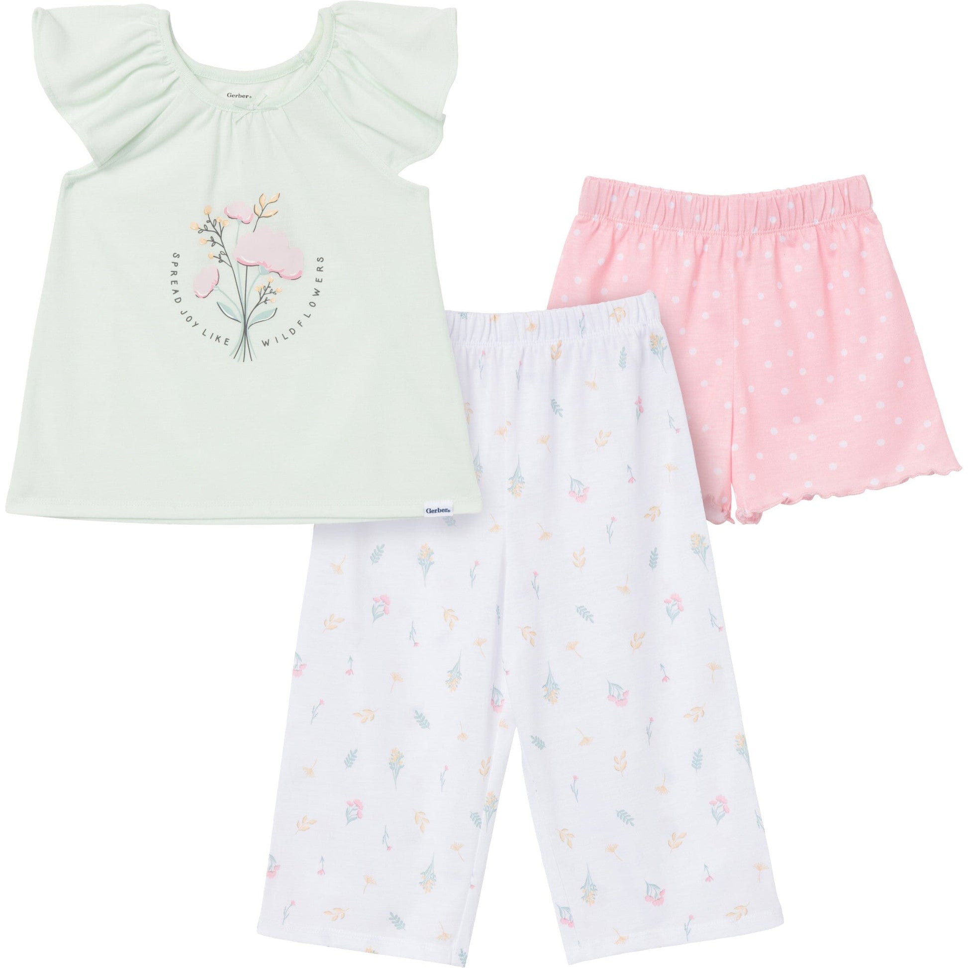 3-Piece Toddler Girls Wildflowers T-Shirt, Shorts & Pants Pajama Set Sleepwear Gerber® 