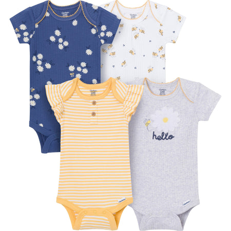 4-Pack Baby Girls Bee Flower Garden Short Sleeve Bodysuits