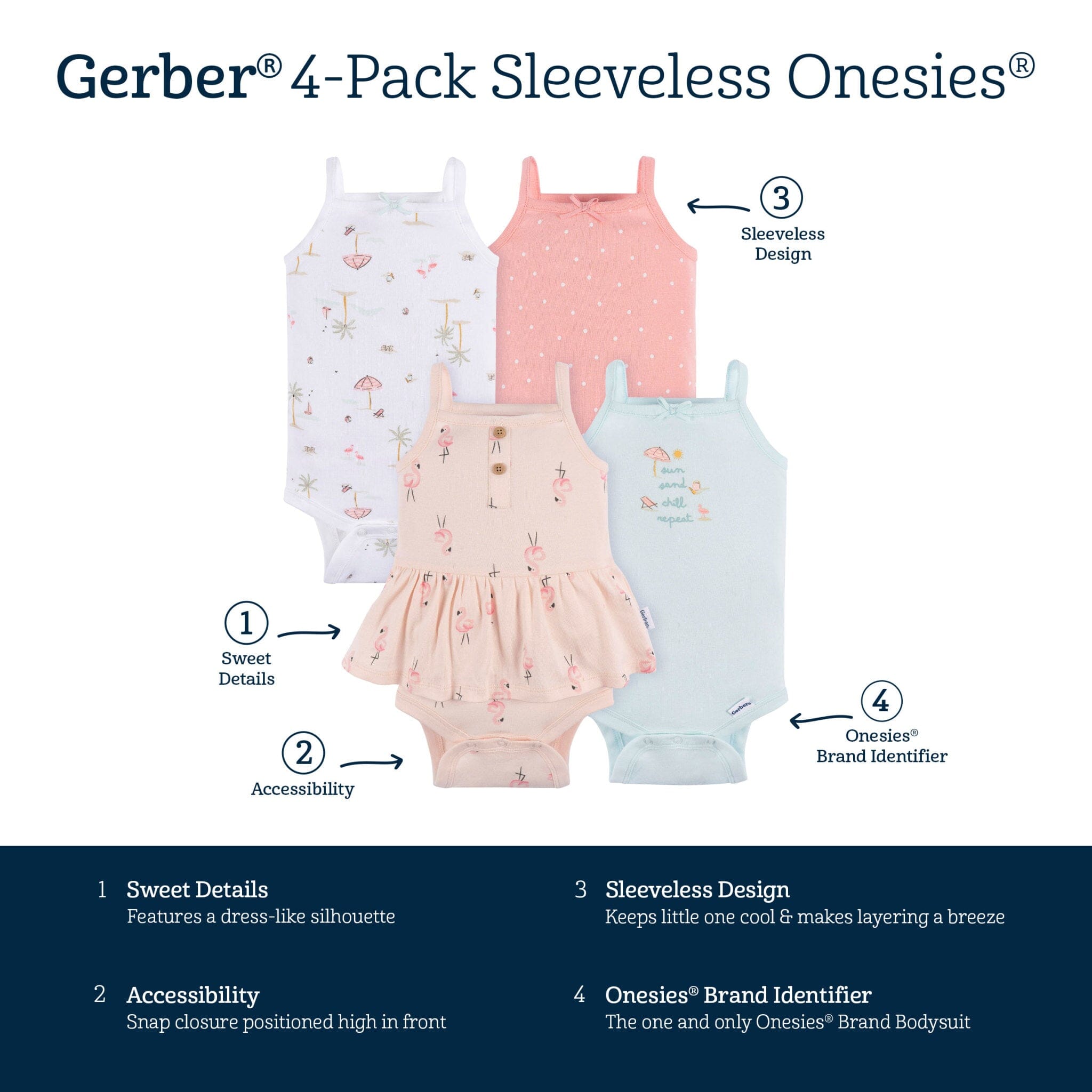4-Pack Baby Girls Pink Flamingo Sleeveless Onesies® Bodysuits