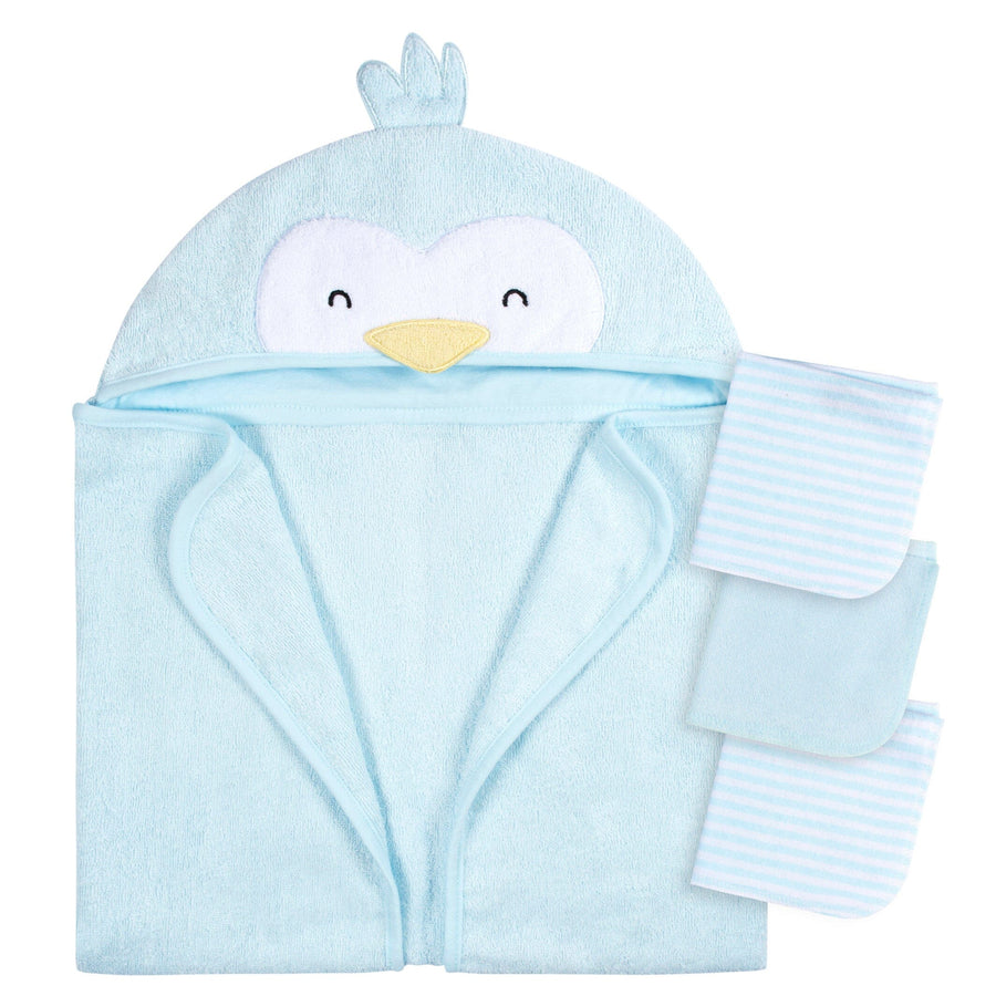 4-Piece Baby Neutral Blue Penguin Towel & Washcloths