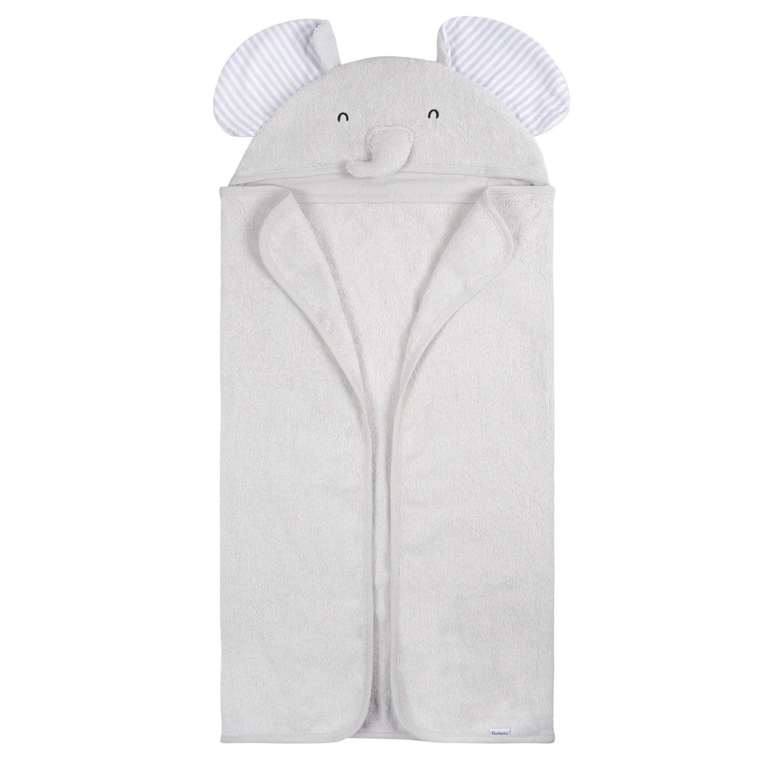 Gerber Baby Grey Elephant Hooded Bath Towel & Washcloths, One Size Fits Most, 4-Piece Set