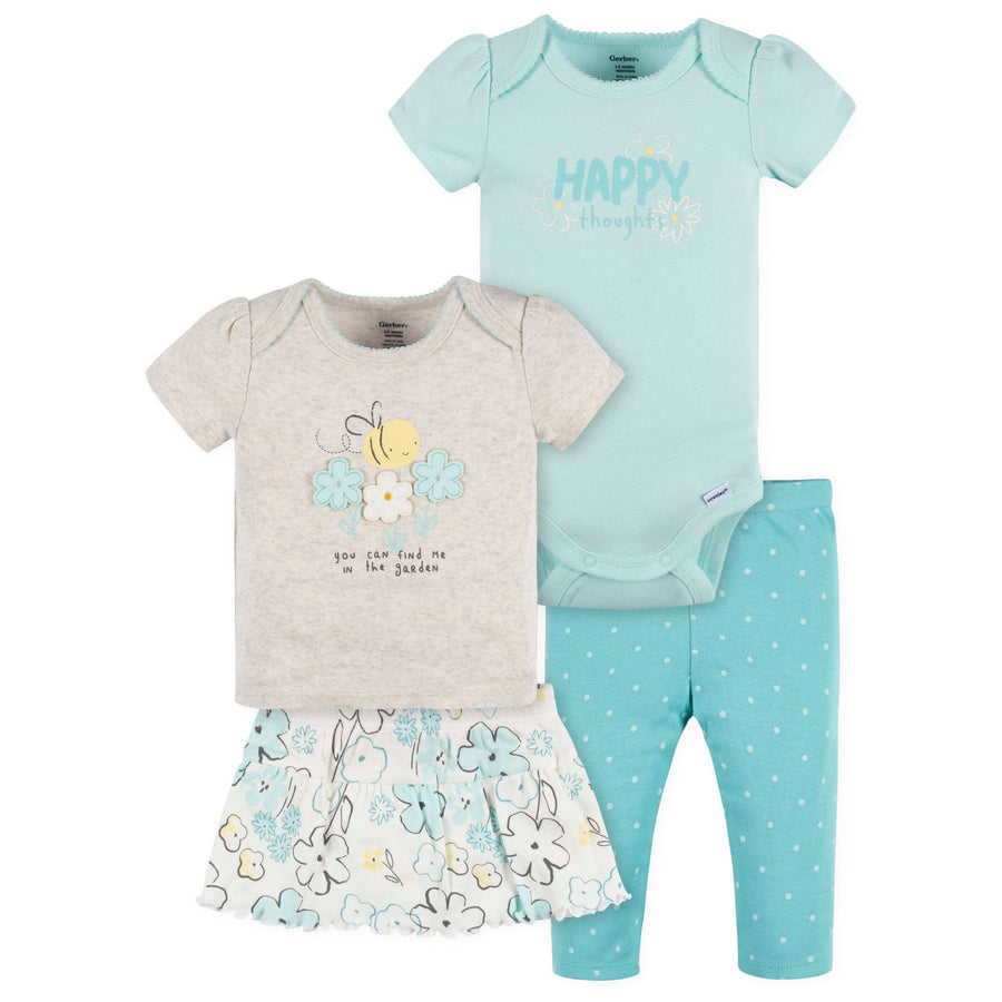 4-Piece Baby Girls Bee Petals Onesies® Bodysuit, Tee, Skort & Pant Set