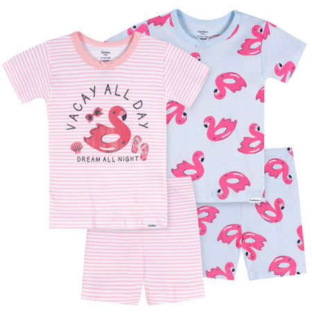 4-Piece Infant & Toddler Girls Flamingo Floatie Top and Shorts Pajama Set