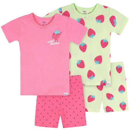 4-Piece Infant & Toddler Girls Pink and Green Strawberries Top and Shorts Pajama Set