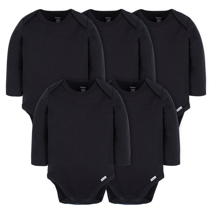 5-Pack Baby Black Premium Long Sleeve Lap Shoulder Onesies® Bodysuits