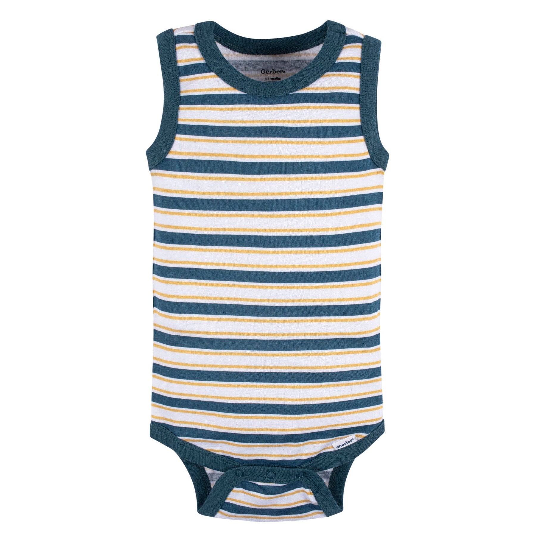 Babyhug 100% Cotton Knit Sleeveless Onesies with Alphabet Print & Stripes Pack of 3 - Light Green & Blue main image 1