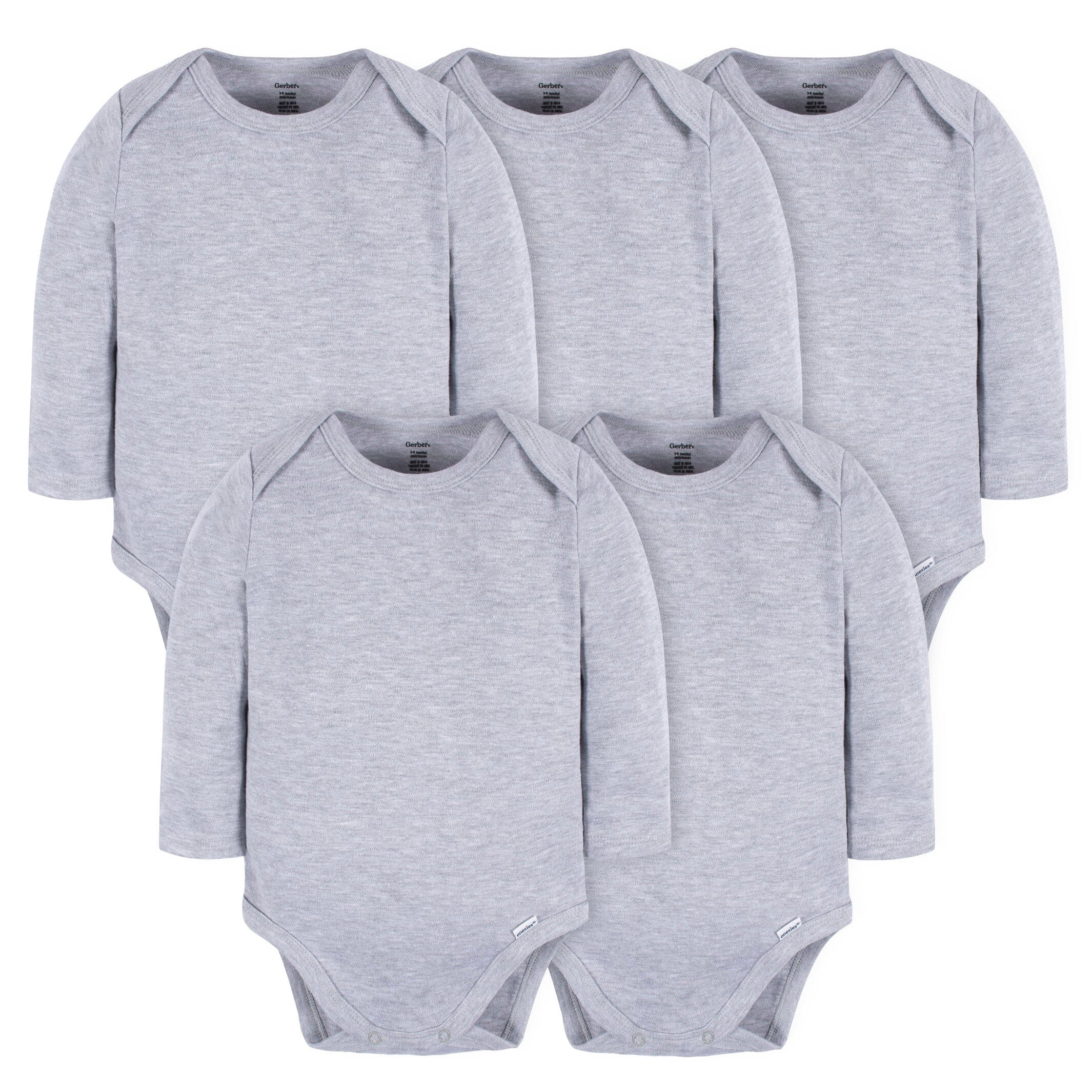 5-Pack Baby Grey Heather Premium Long Sleeve Lap Shoulder Onesies® Bodysuits
