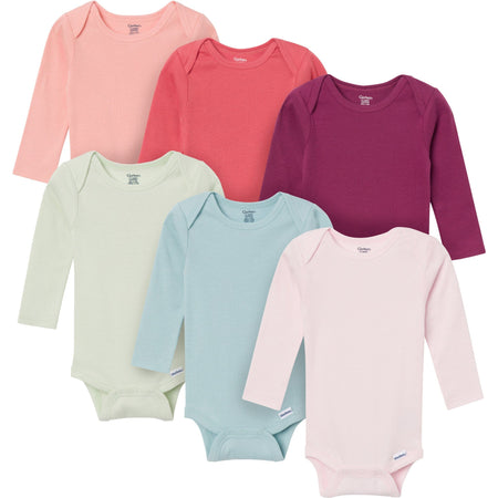 6-Pack Baby Girls Pink, Purple and Green Long Sleeve Bodysuits