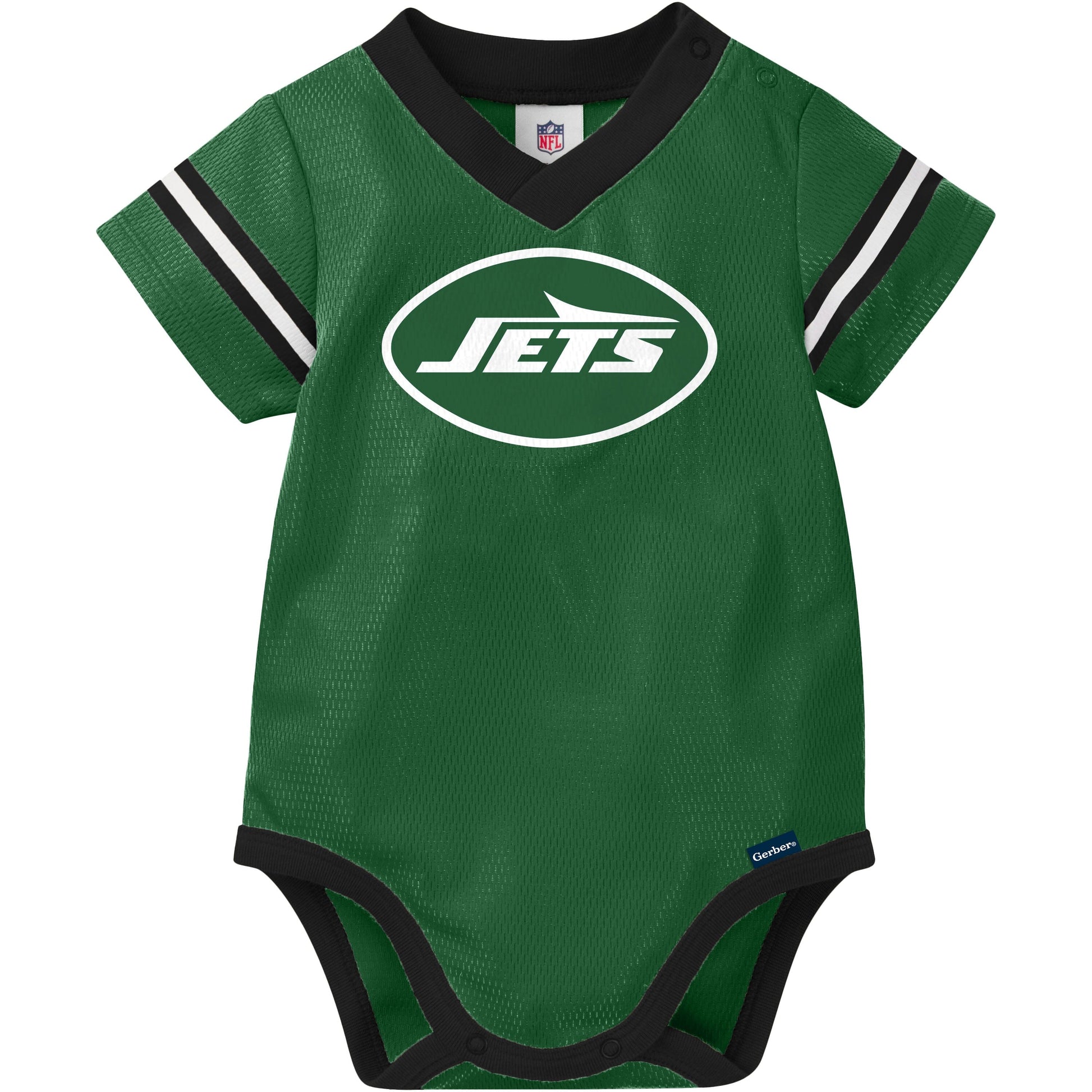 Green baby onesie with 'Jets' logo on a white background