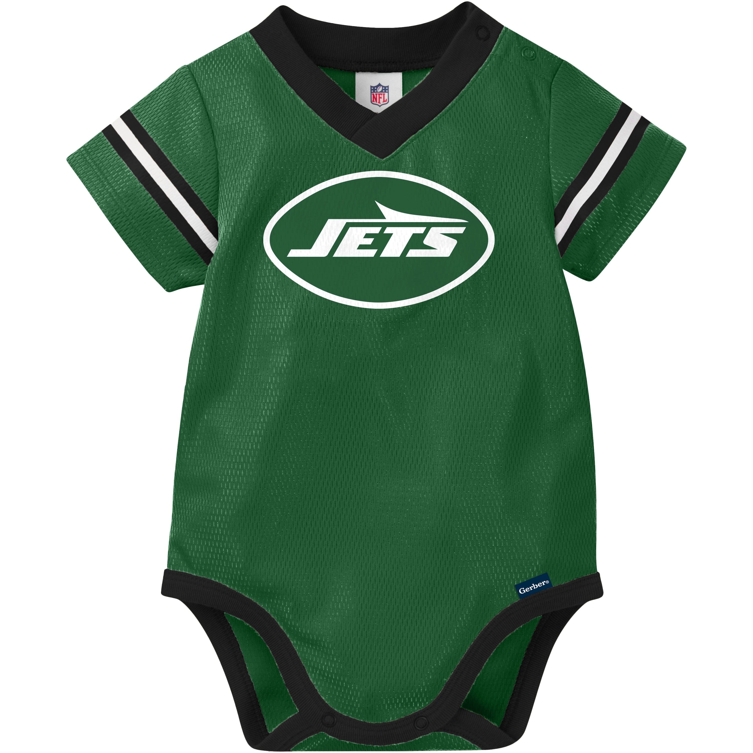 Green baby onesie with 'Jets' logo on a white background