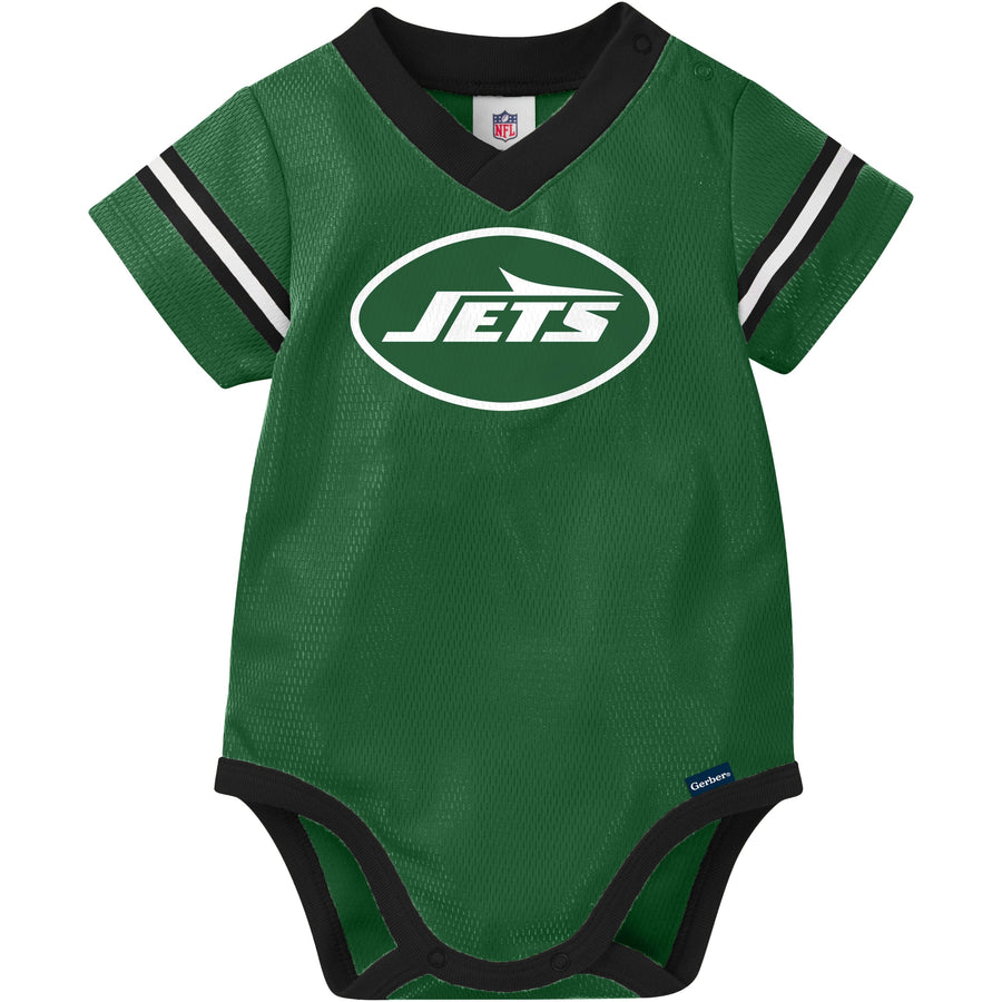 Green baby onesie with 'Jets' logo on a white background