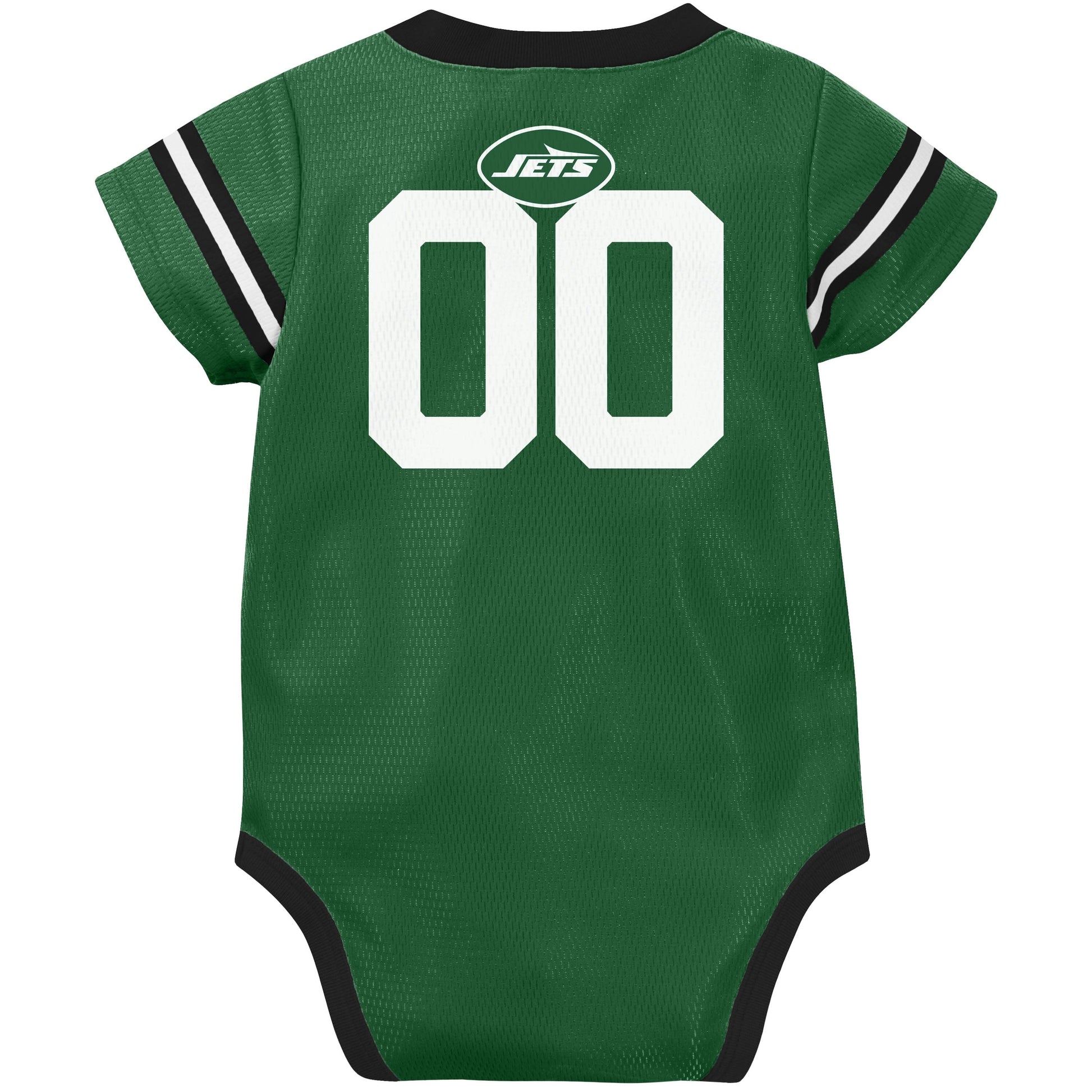 Green baby onesie with white numbering and logo on a white background