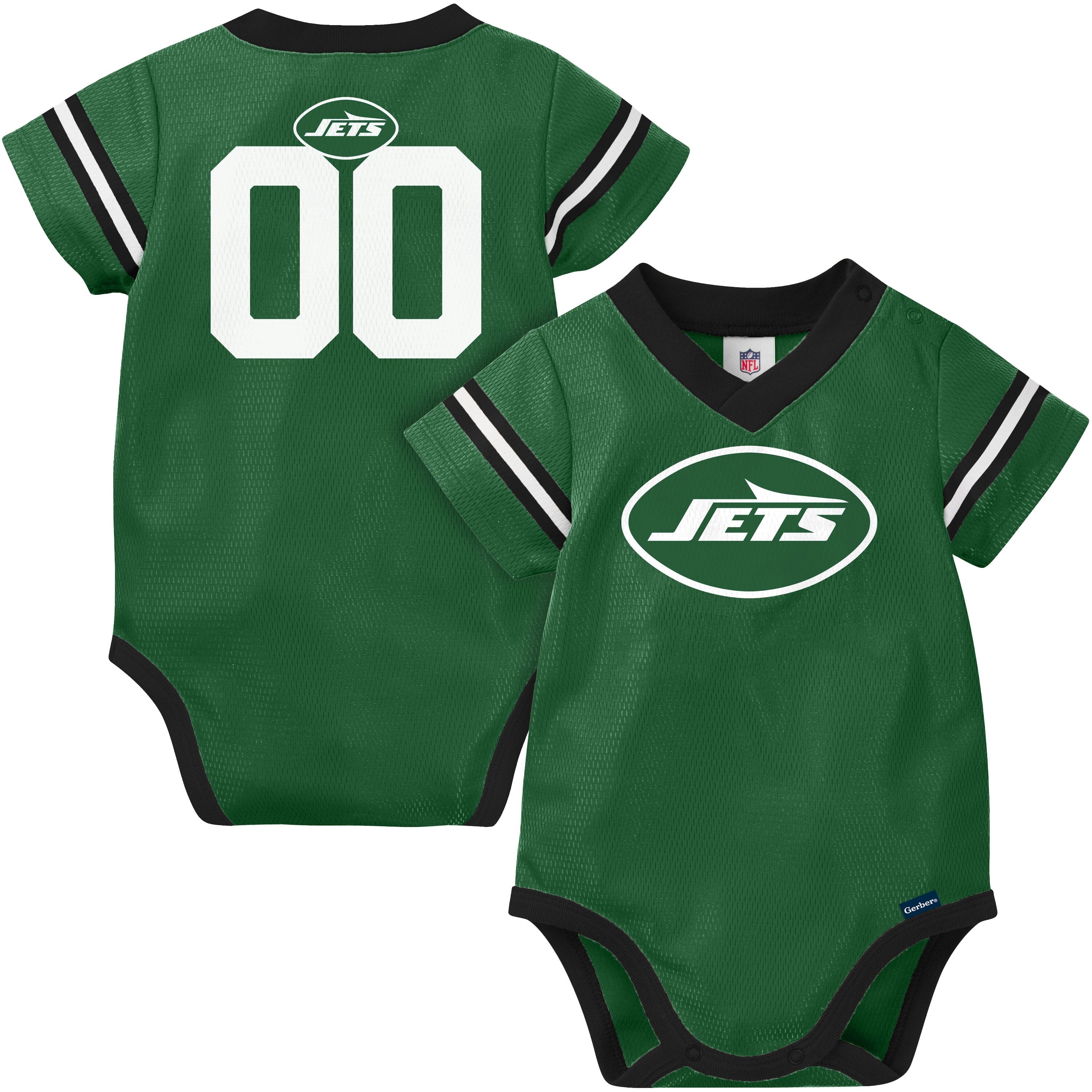 Green baby jersey with 'Jets' logo on a white background