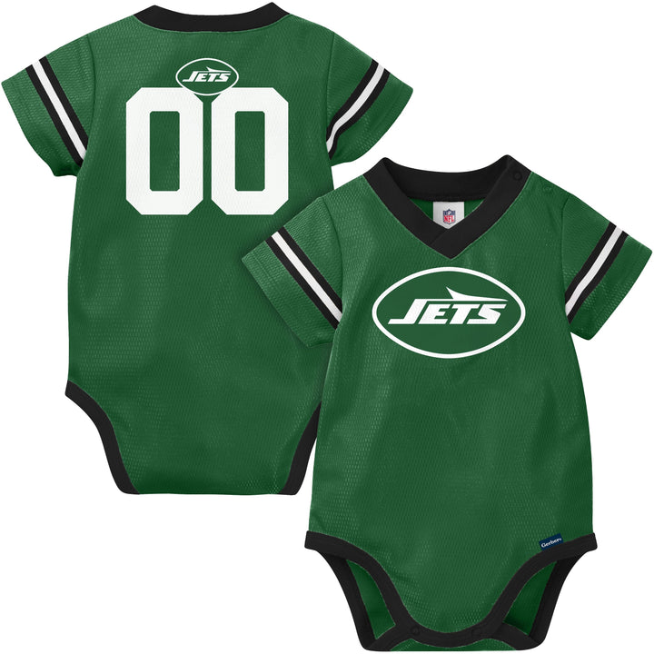 Green baby jersey with 'Jets' logo on a white background